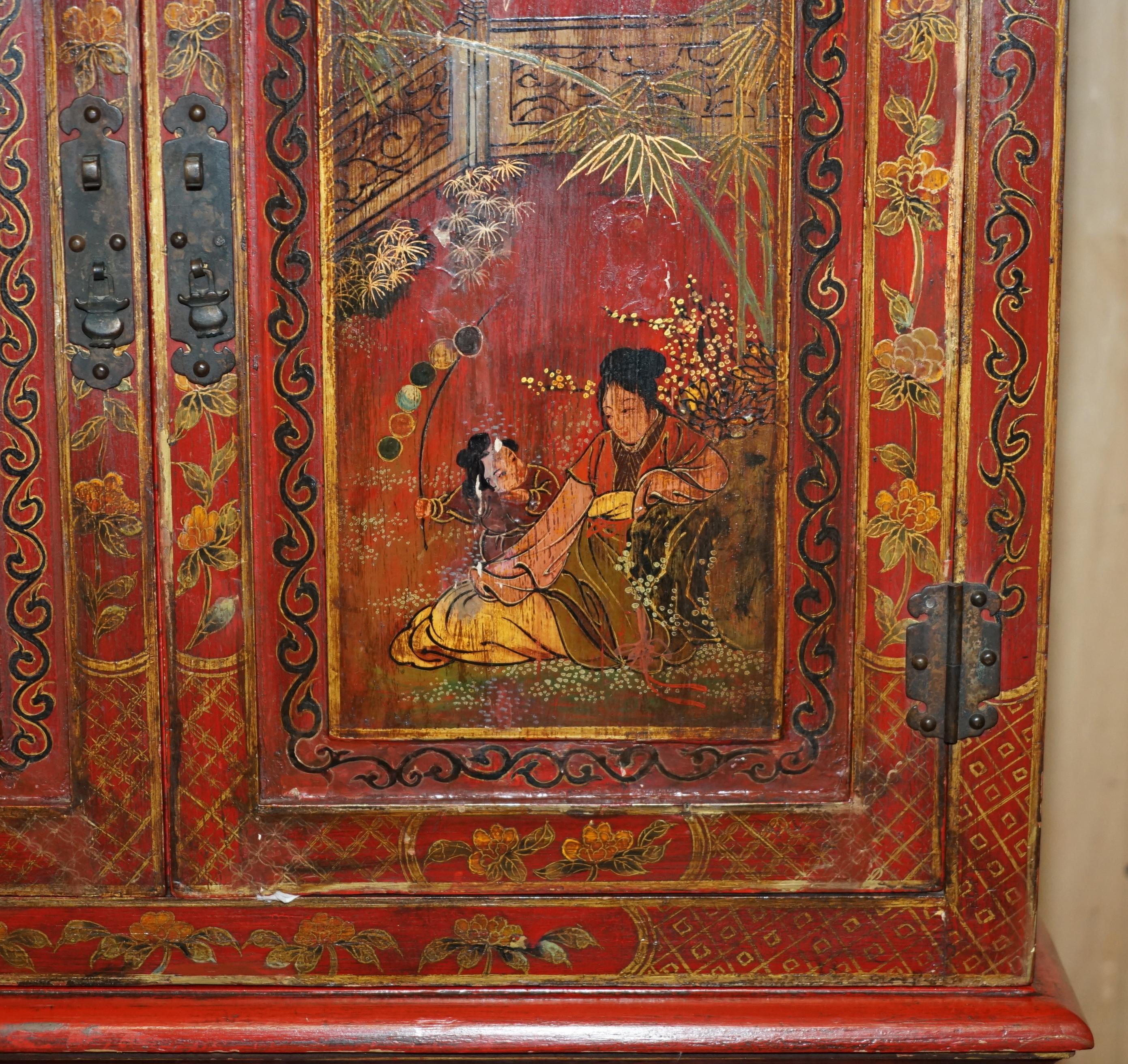 Wood ANTIQUE CHINESE CHiNOISERIE HAND PAINTED & LACQUERED SECRATIARE LIBRARY BOOKCASE
