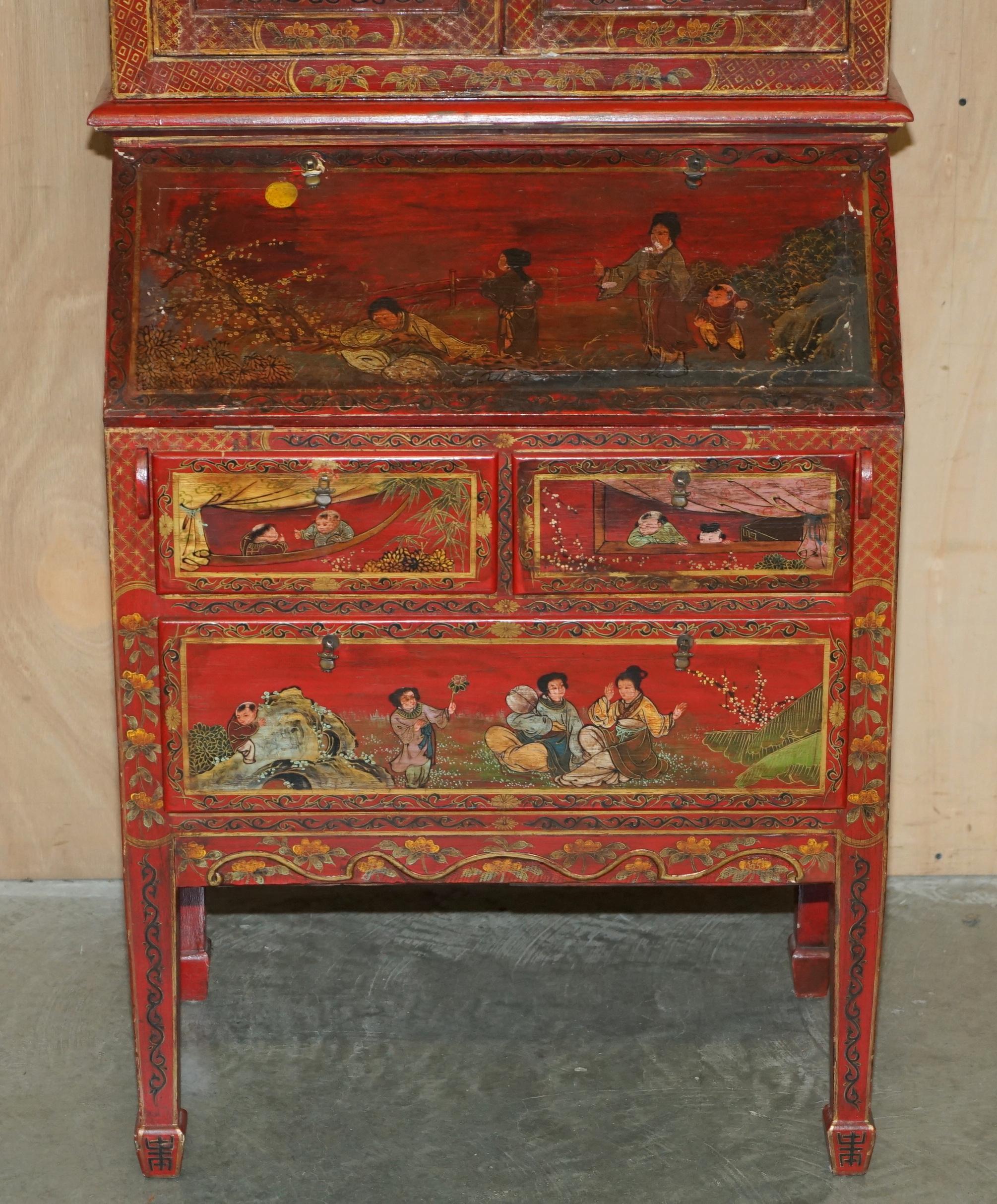 ANTIQUE CHINESE CHiNOISERIE HAND PAINTED & LACQUERED SECRATIARE LIBRARY BOOKCASE 1