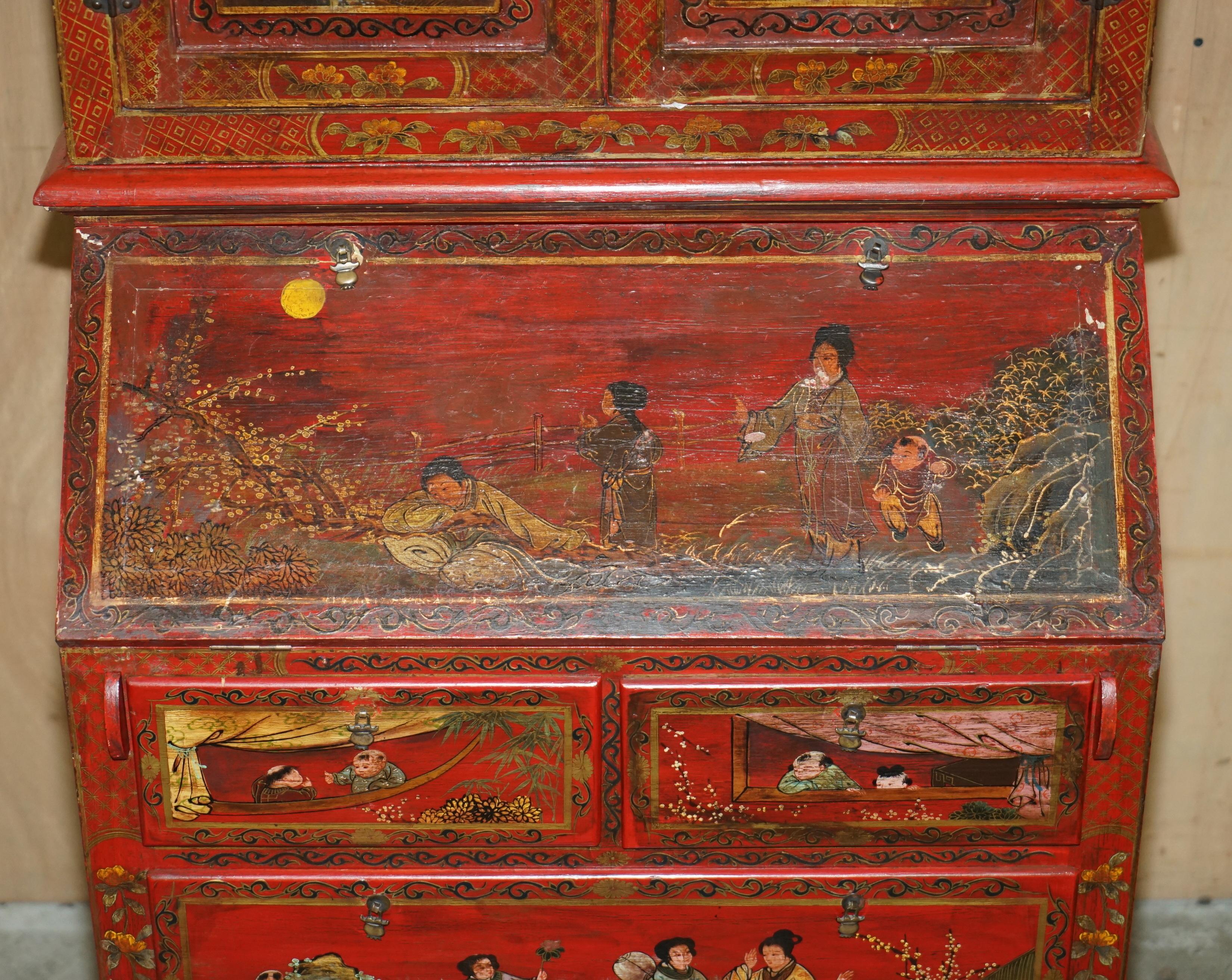 ANTIQUE CHINESE CHiNOISERIE HAND PAINTED & LACQUERED SECRATIARE LIBRARY BOOKCASE 2