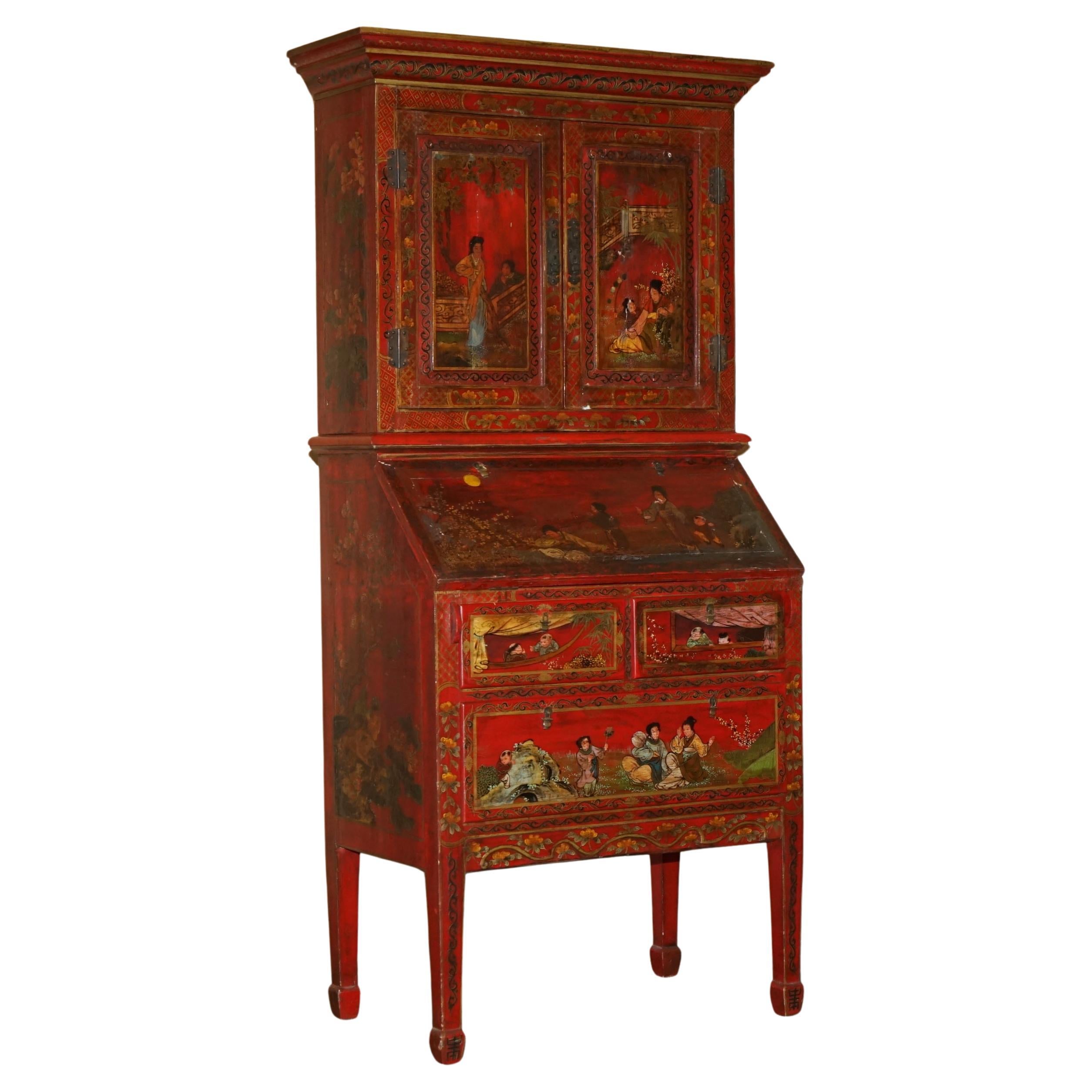 ANTIQUE CHINESE CHiNOISERIE HAND PAINTED & LACQUERED SECRATIARE LIBRARY BOOKCASE