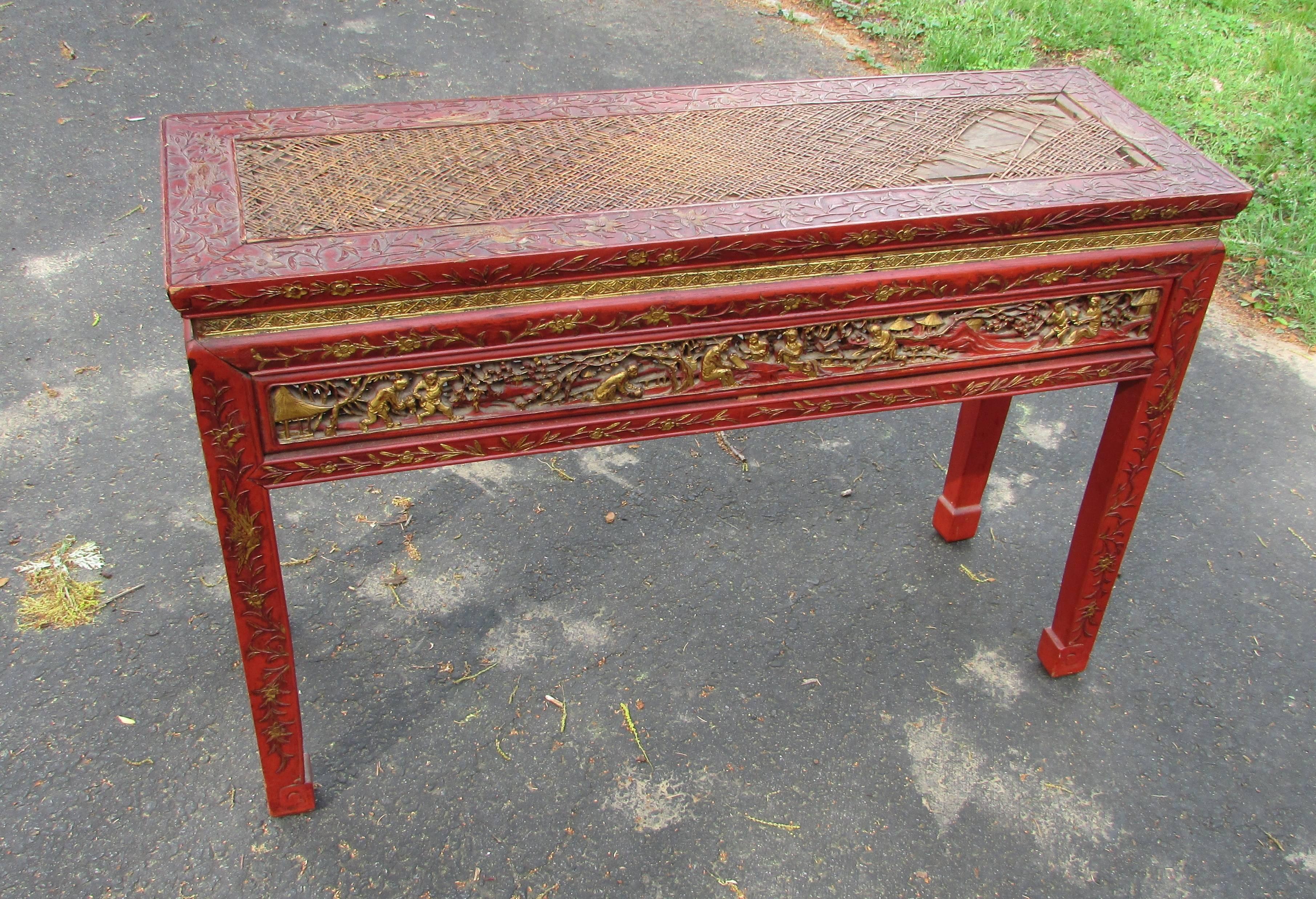 Antique Chinese Chinoiserie Lacquered Console Table 4
