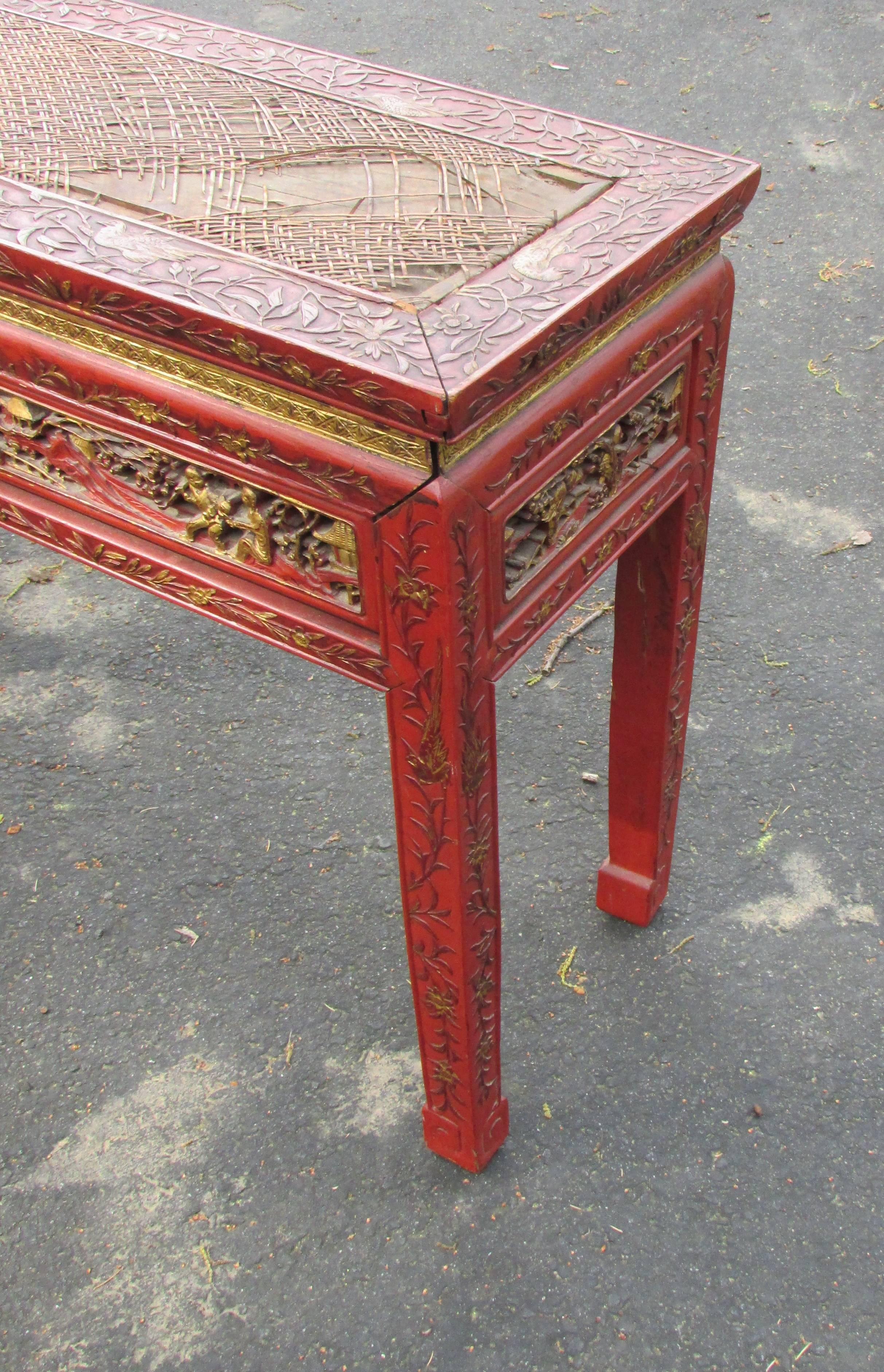 Rattan Antique Chinese Chinoiserie Lacquered Console Table
