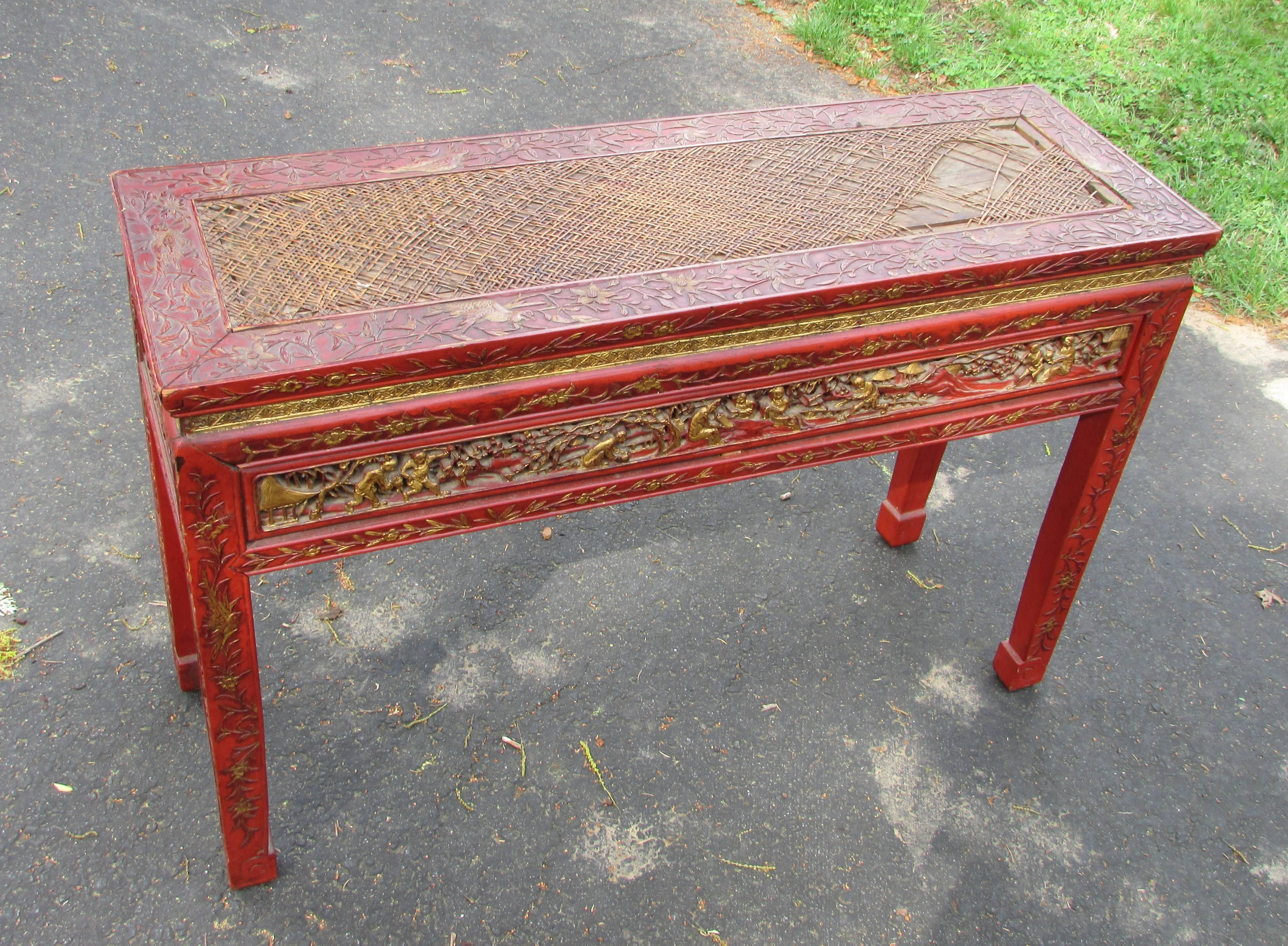 Antique Chinese Chinoiserie Lacquered Console Table 2