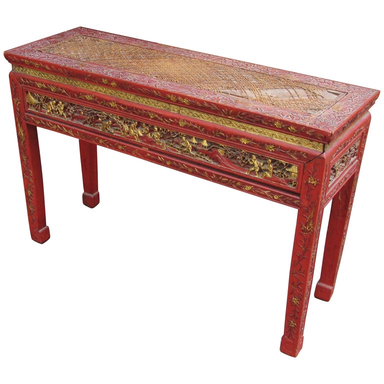 Antique Chinese Chinoiserie Lacquered Console Table For Sale at 1stDibs