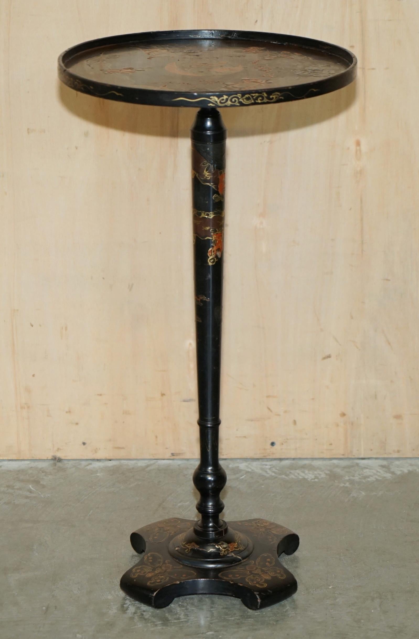 ANTIQUE CHINESE CHINOISERIE LACQUERED & HAND PAiNTED SIDE END LAMP WINE TABLE For Sale 12
