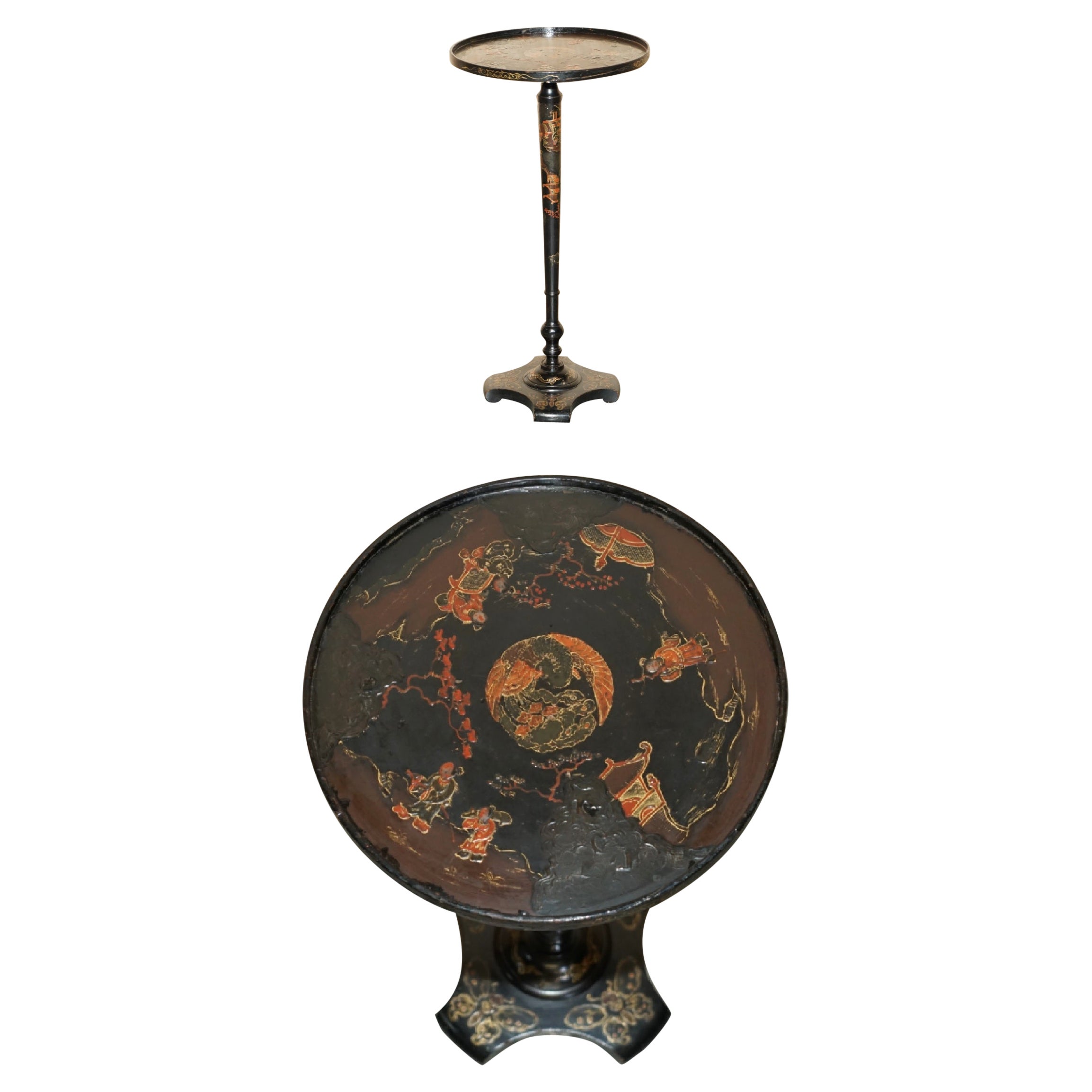 ANTIQUE CHINESE CHINOISERIE LACQUERED & HAND PAiNTED SIDE END LAMP WINE TABLE