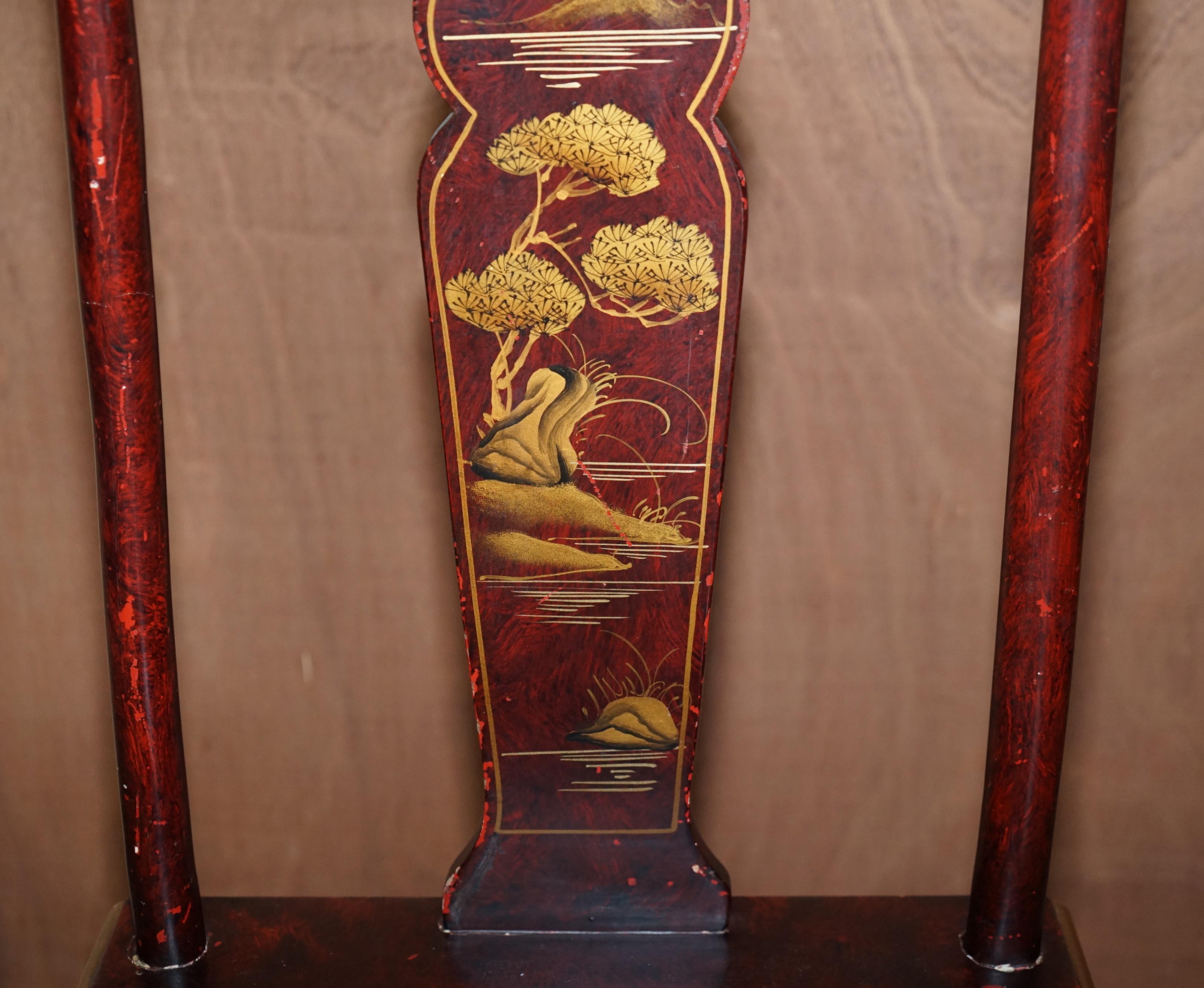 Antique Chinese Chinoiserie Red Hand Painted Chair Heavy Solid Wood Frame For Sale 6