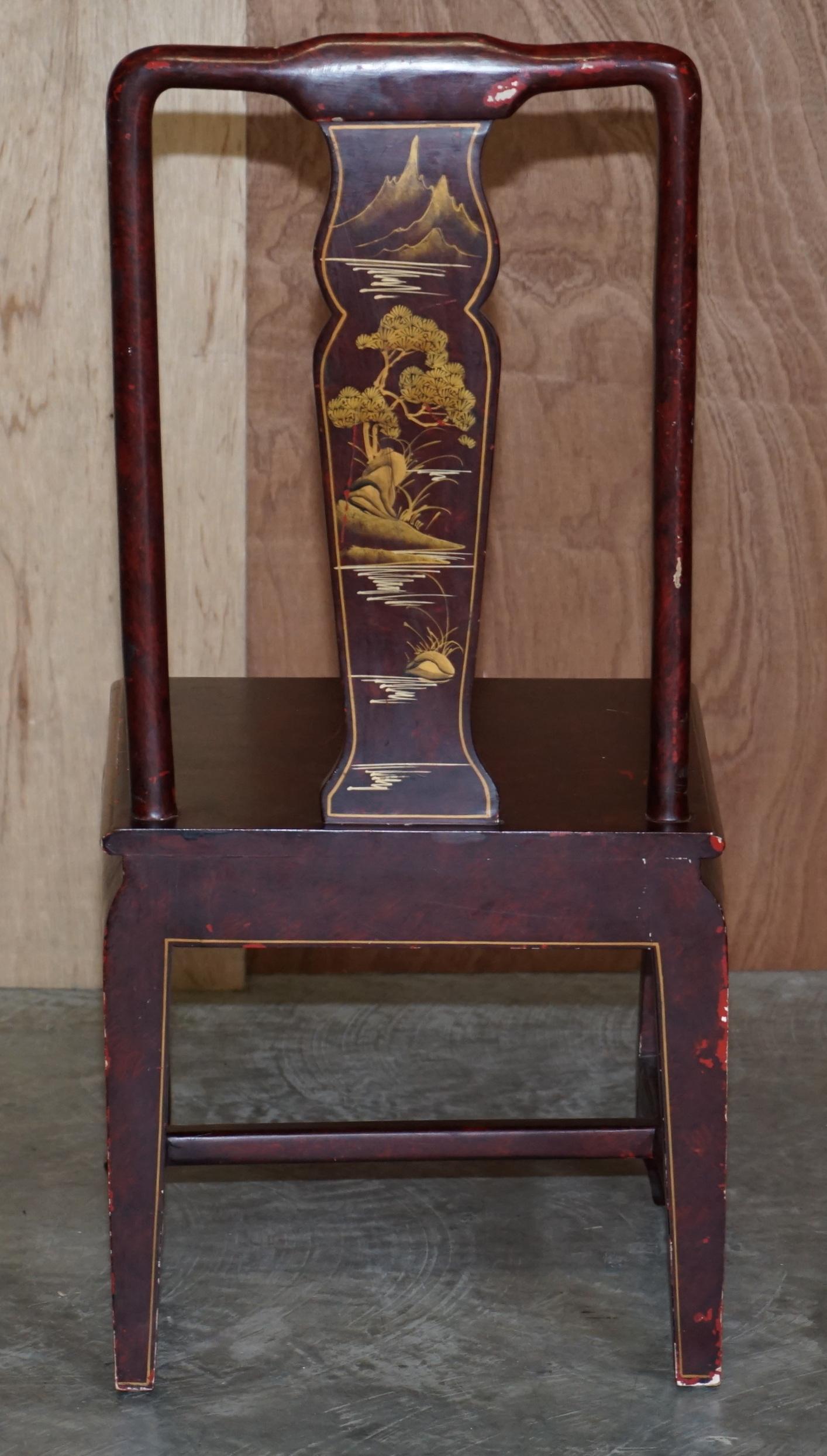 Antique Chinese Chinoiserie Red Hand Painted Chair Heavy Solid Wood Frame For Sale 9