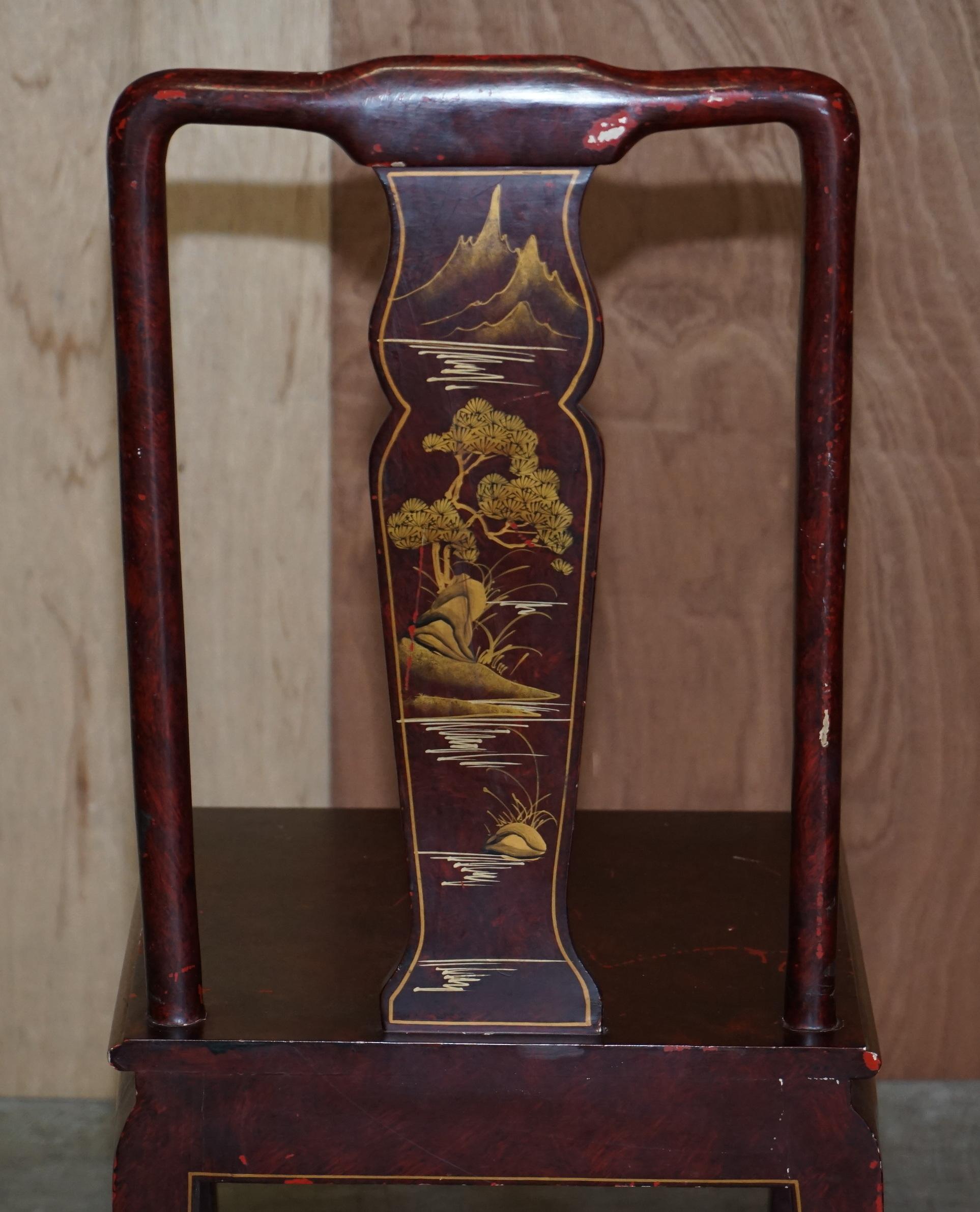 Antique Chinese Chinoiserie Red Hand Painted Chair Heavy Solid Wood Frame For Sale 10