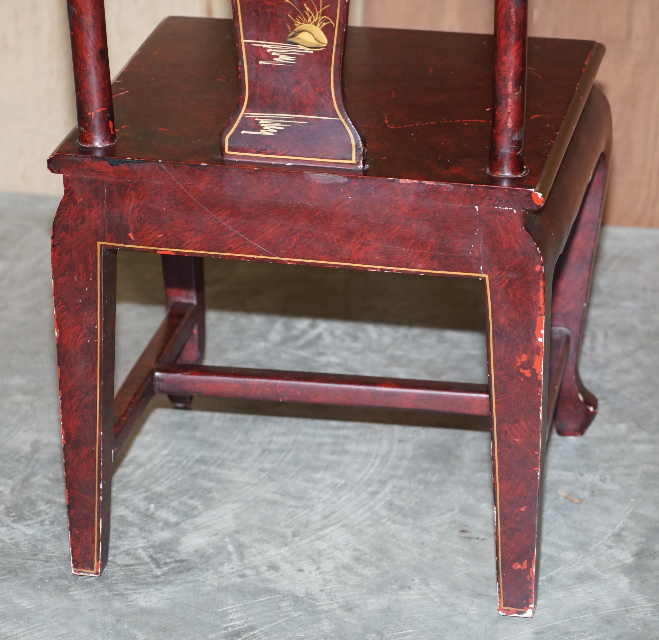 Antique Chinese Chinoiserie Red Hand Painted Chair Heavy Solid Wood Frame For Sale 11