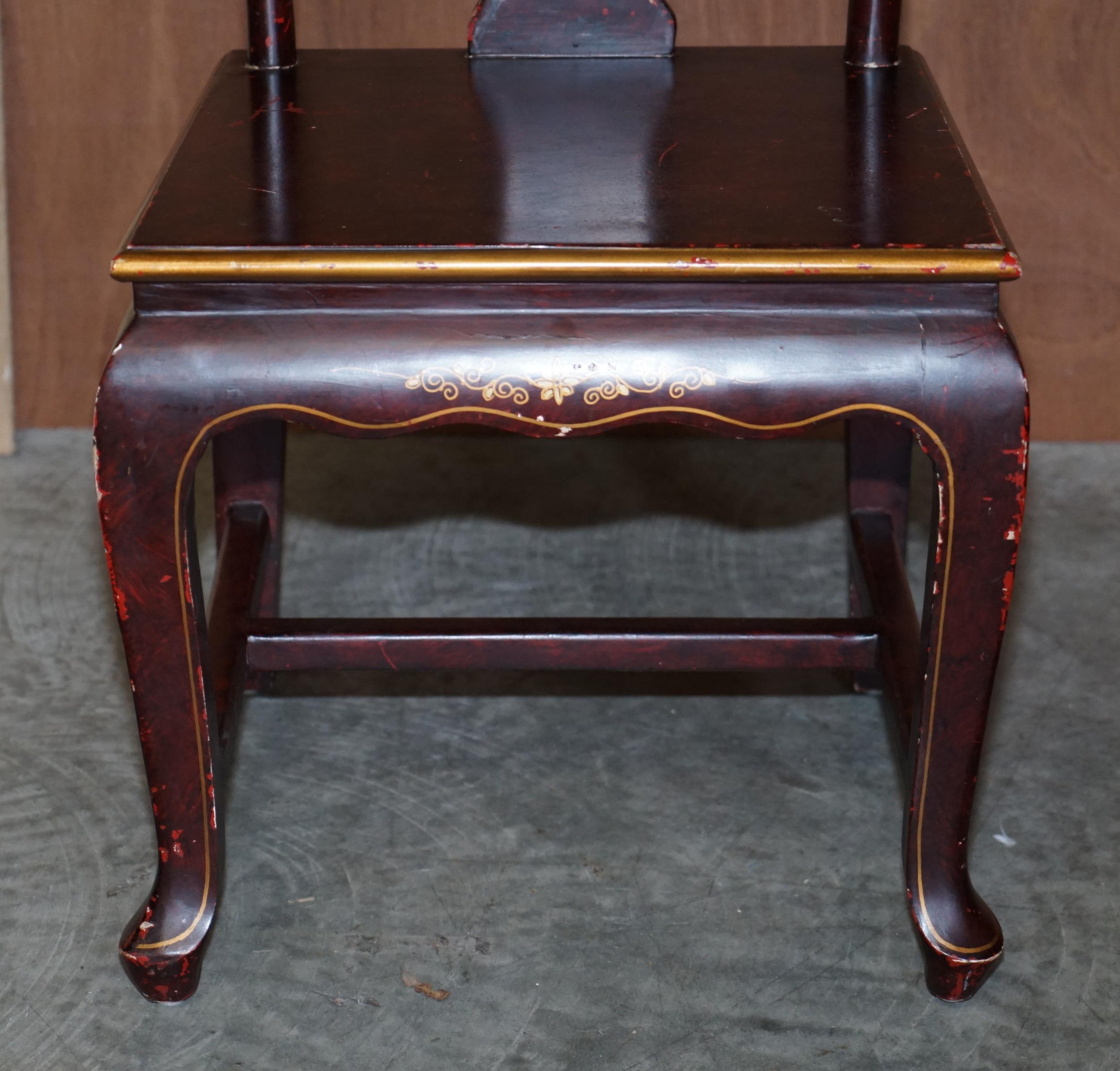Lacquered Antique Chinese Chinoiserie Red Hand Painted Chair Heavy Solid Wood Frame For Sale