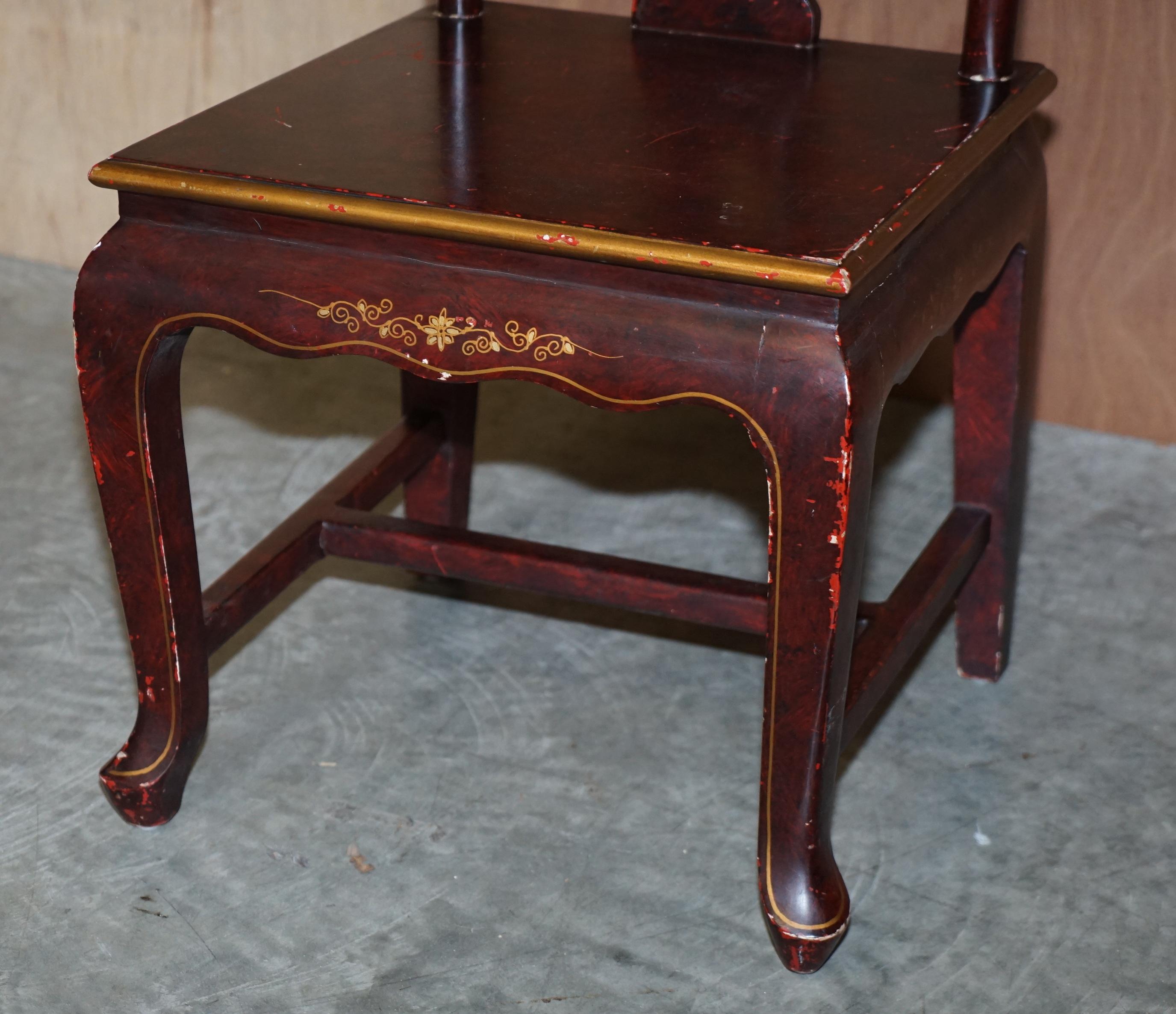 19th Century Antique Chinese Chinoiserie Red Hand Painted Chair Heavy Solid Wood Frame For Sale
