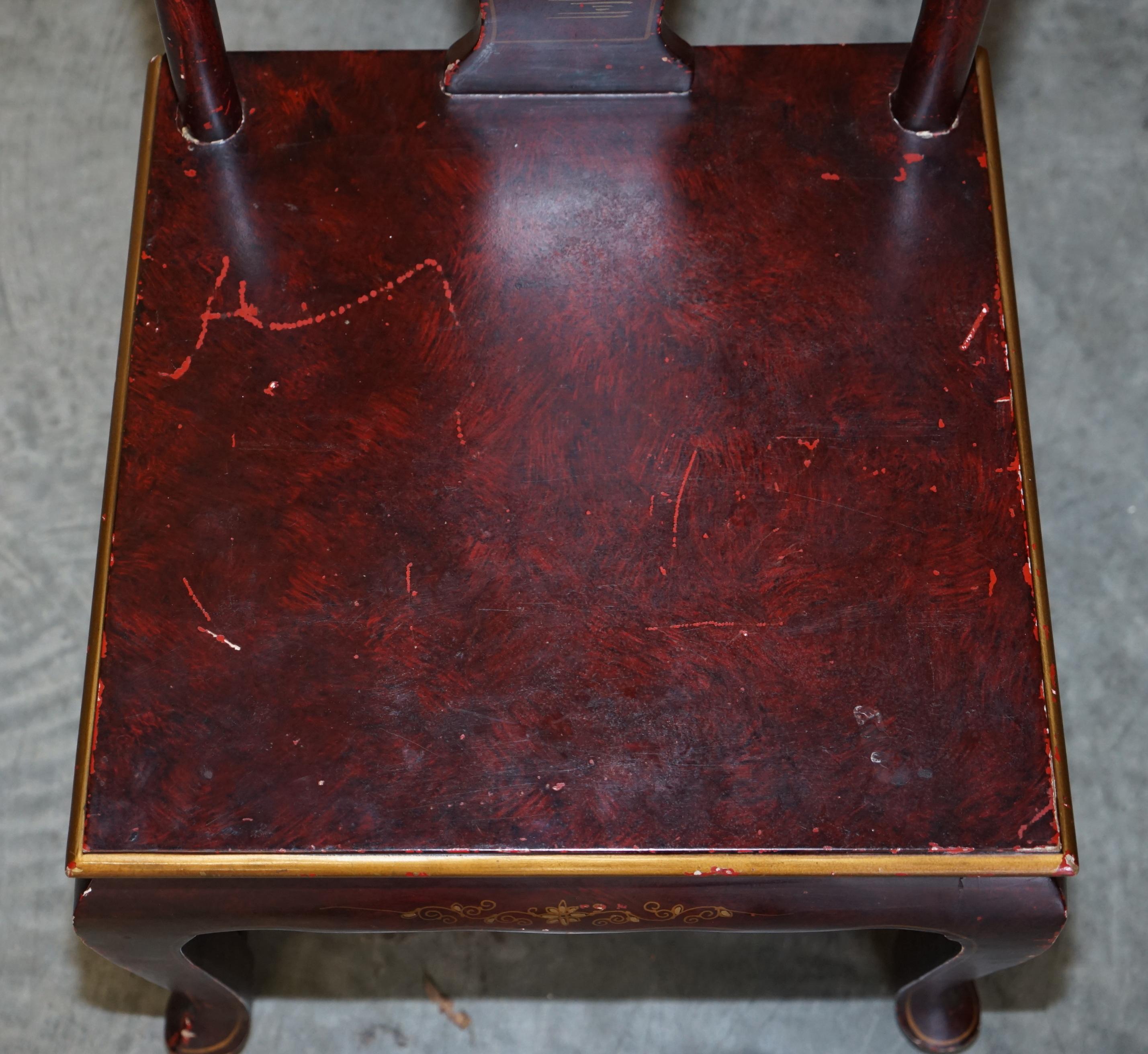 Antique Chinese Chinoiserie Red Hand Painted Chair Heavy Solid Wood Frame For Sale 1