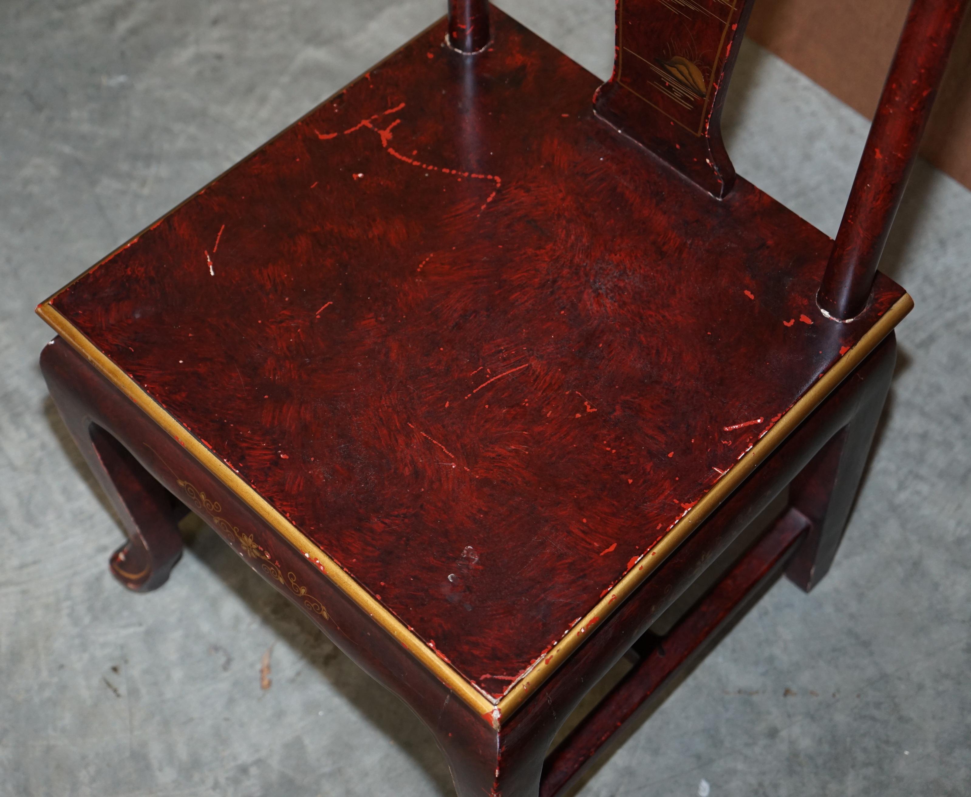 Antique Chinese Chinoiserie Red Hand Painted Chair Heavy Solid Wood Frame For Sale 2