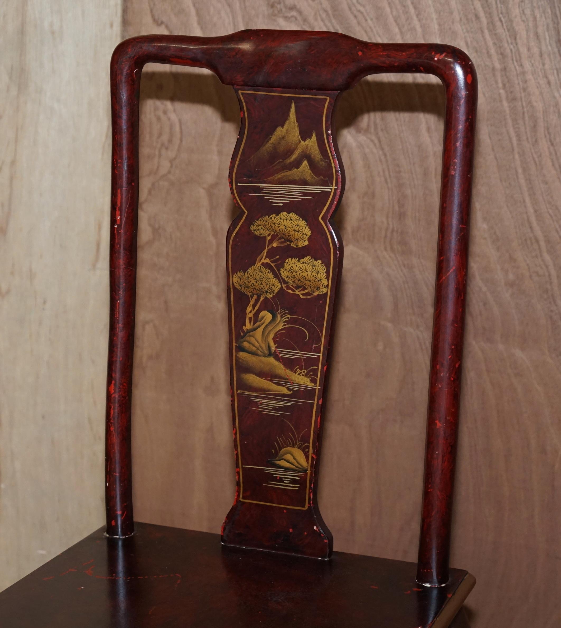 Antique Chinese Chinoiserie Red Hand Painted Chair Heavy Solid Wood Frame For Sale 3