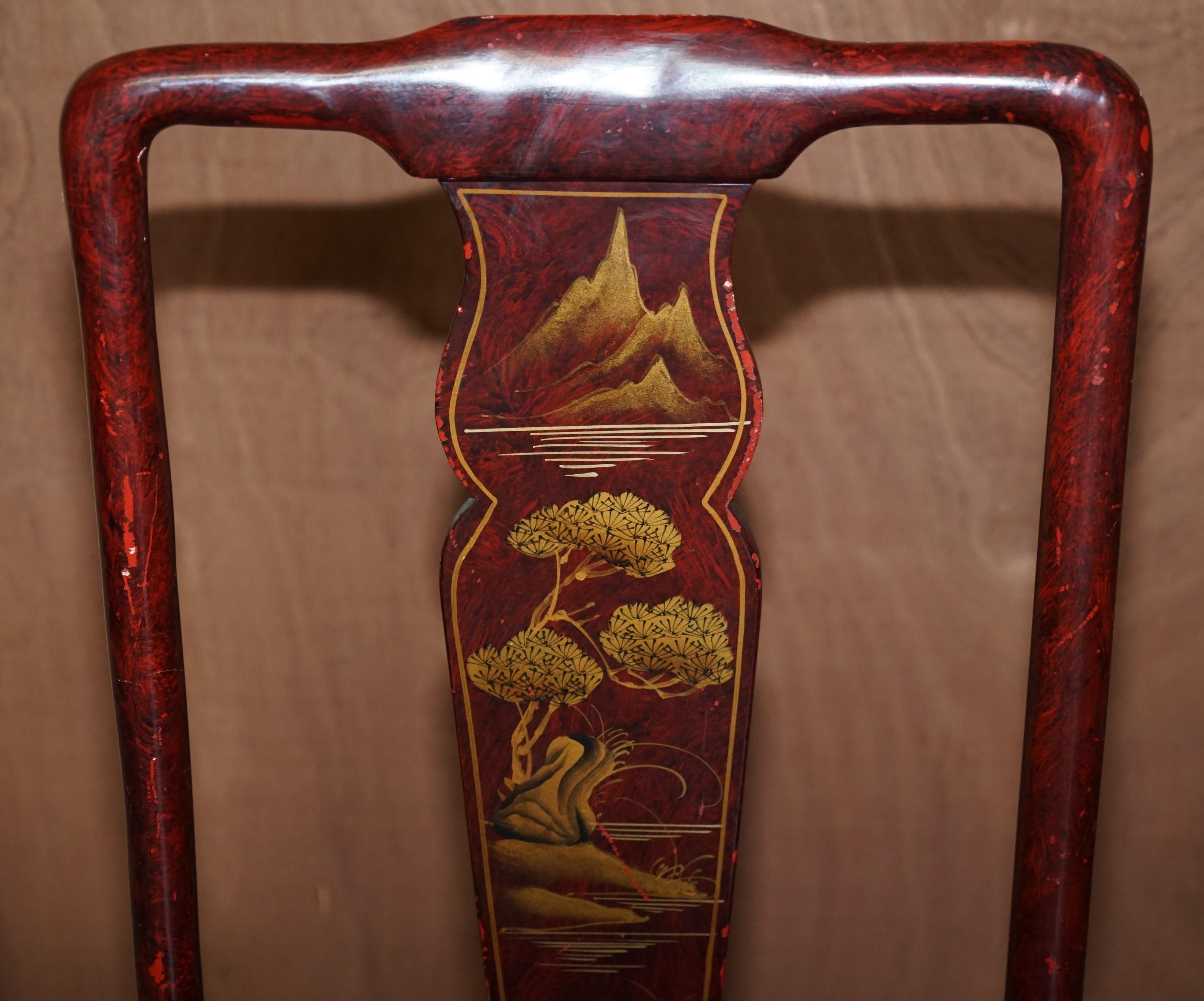 Antique Chinese Chinoiserie Red Hand Painted Chair Heavy Solid Wood Frame For Sale 5