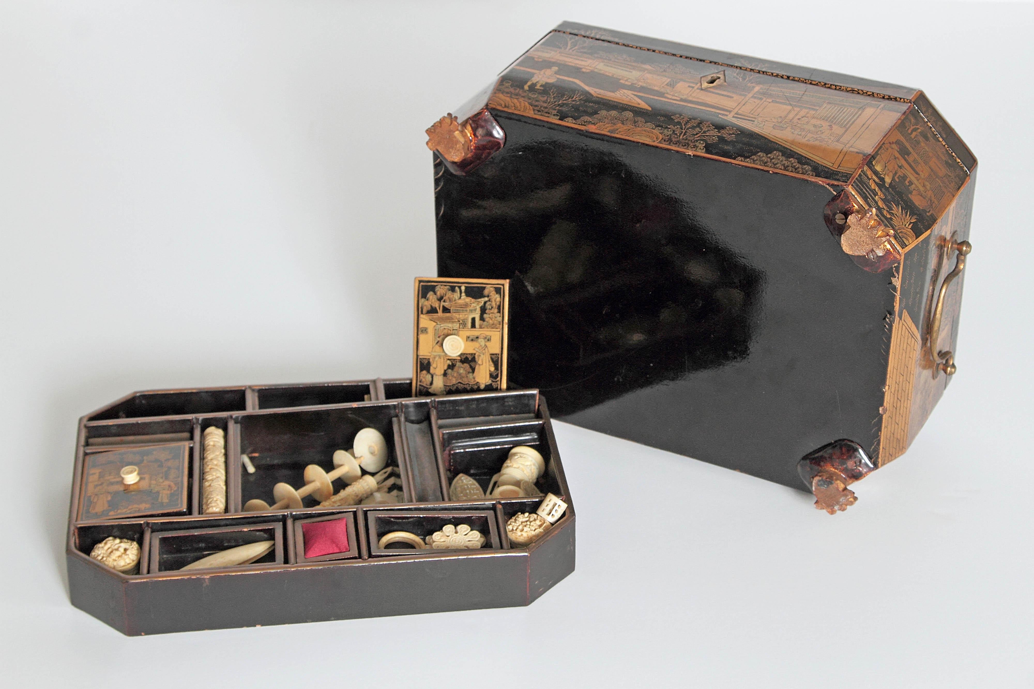 Antique Chinese Chinoiserie Sewing / Work Box 2
