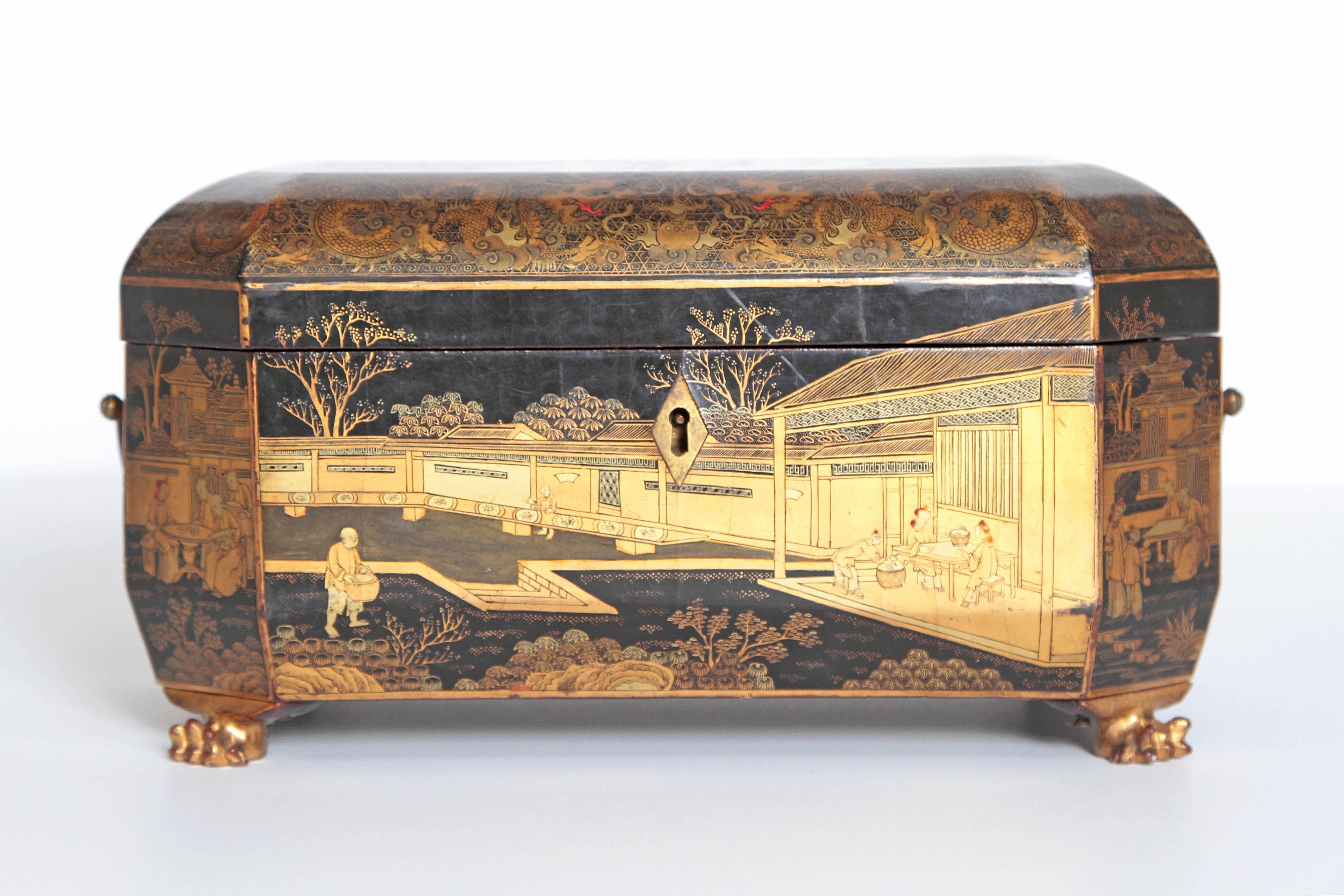 A very fine Chinese export lacquer sewing box of complex carved octagonal form with fine decoration of oriental scenes standing on gilded feet. The background is filled with diaper designs of stylized flora. Inside there is a lift out tray with