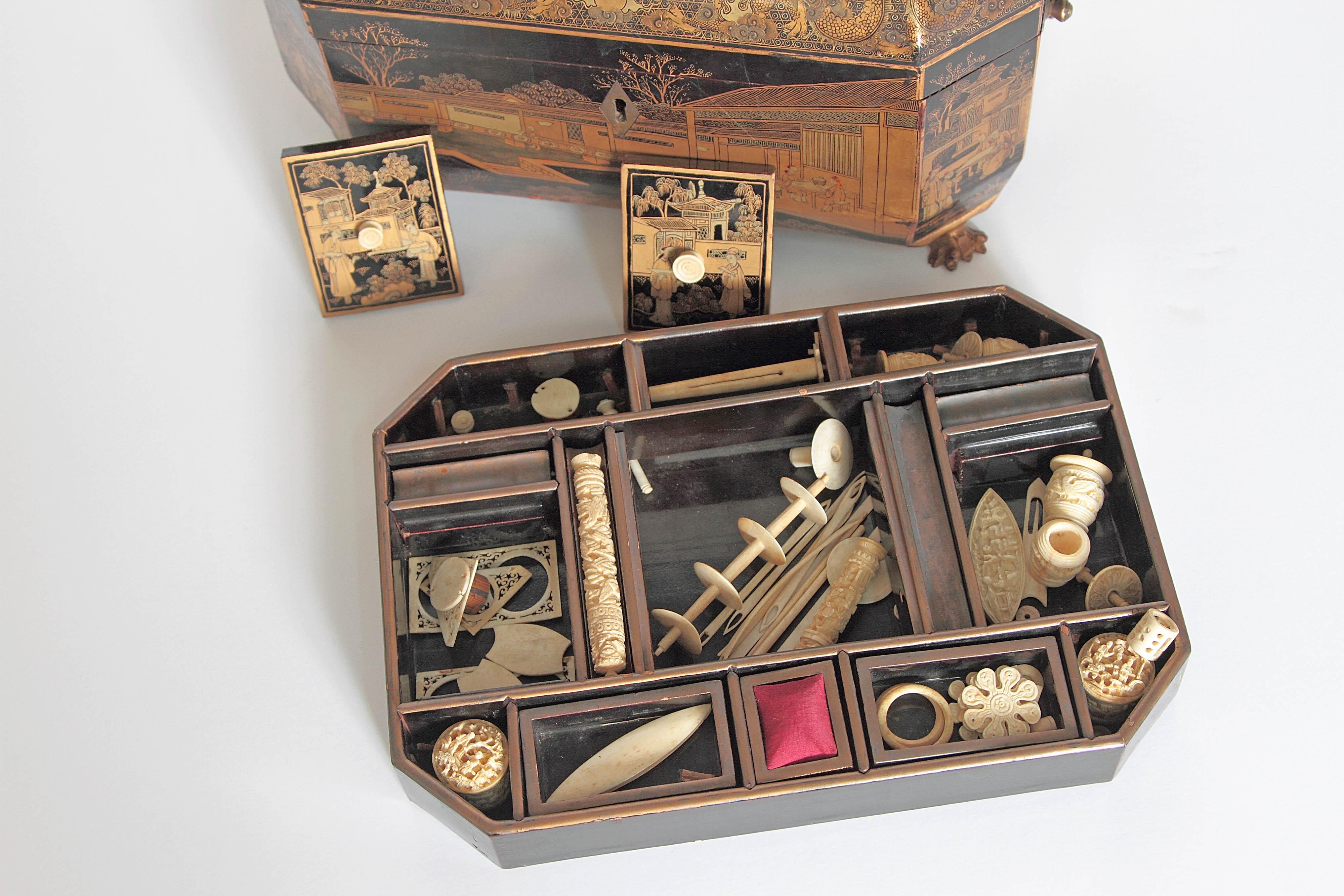 Lacquer Antique Chinese Chinoiserie Sewing / Work Box