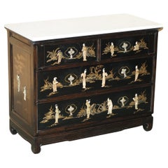 ANTIQUE CHINESE CHINOiSERIE SOAPSTONE CARVED COMMODE CHEST OF DRAWERS MARBLE TOP