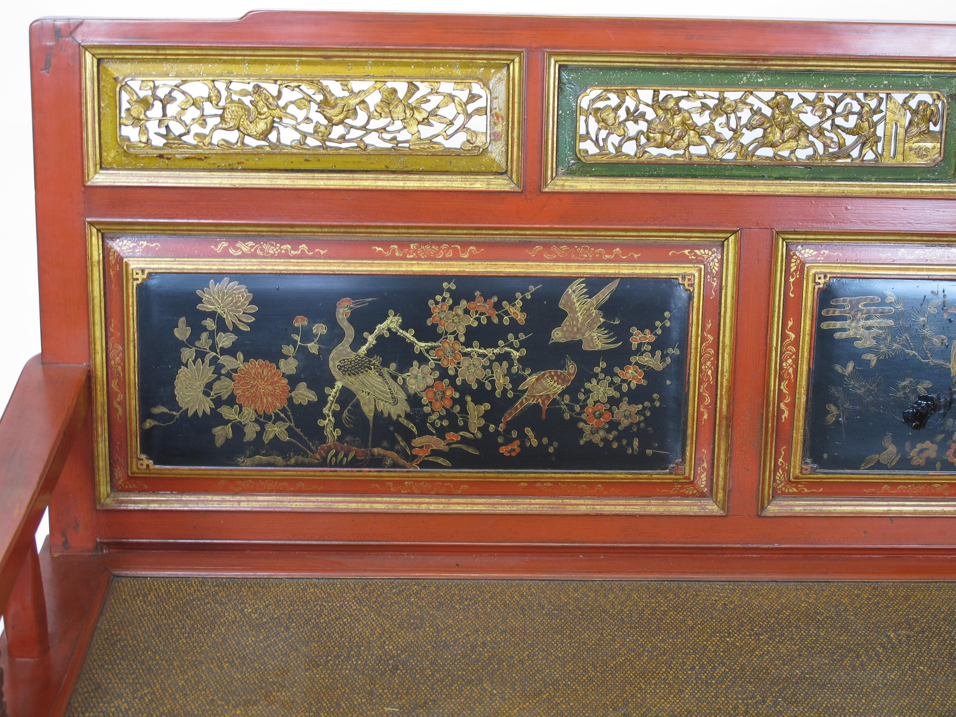 Hand-Carved Antique Chinese Chinoiserie Style Bench For Sale