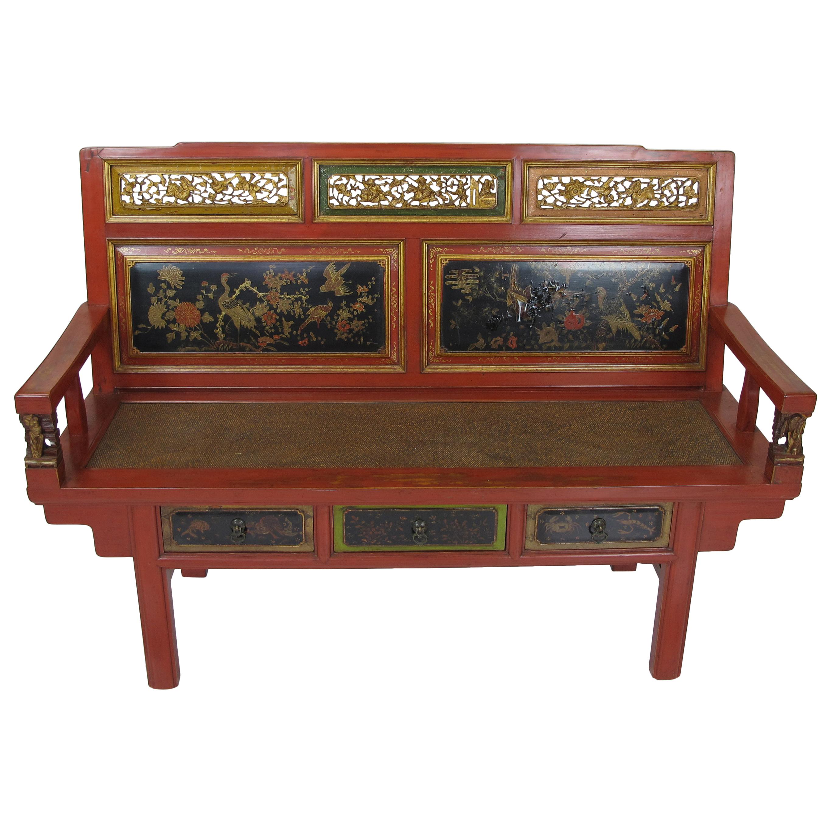 Antique Chinese Chinoiserie Style Bench For Sale