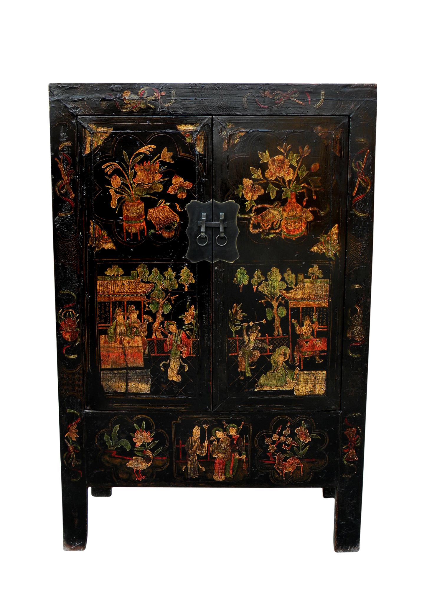 This striking Chinese chinoiserie cabinet was retrieved from Shanxi Province, a centuries old mountain city located in the Northern China. This cabinet is one of 3 rare finds. It was used to store either wardrobe or bed ware such as comforters or