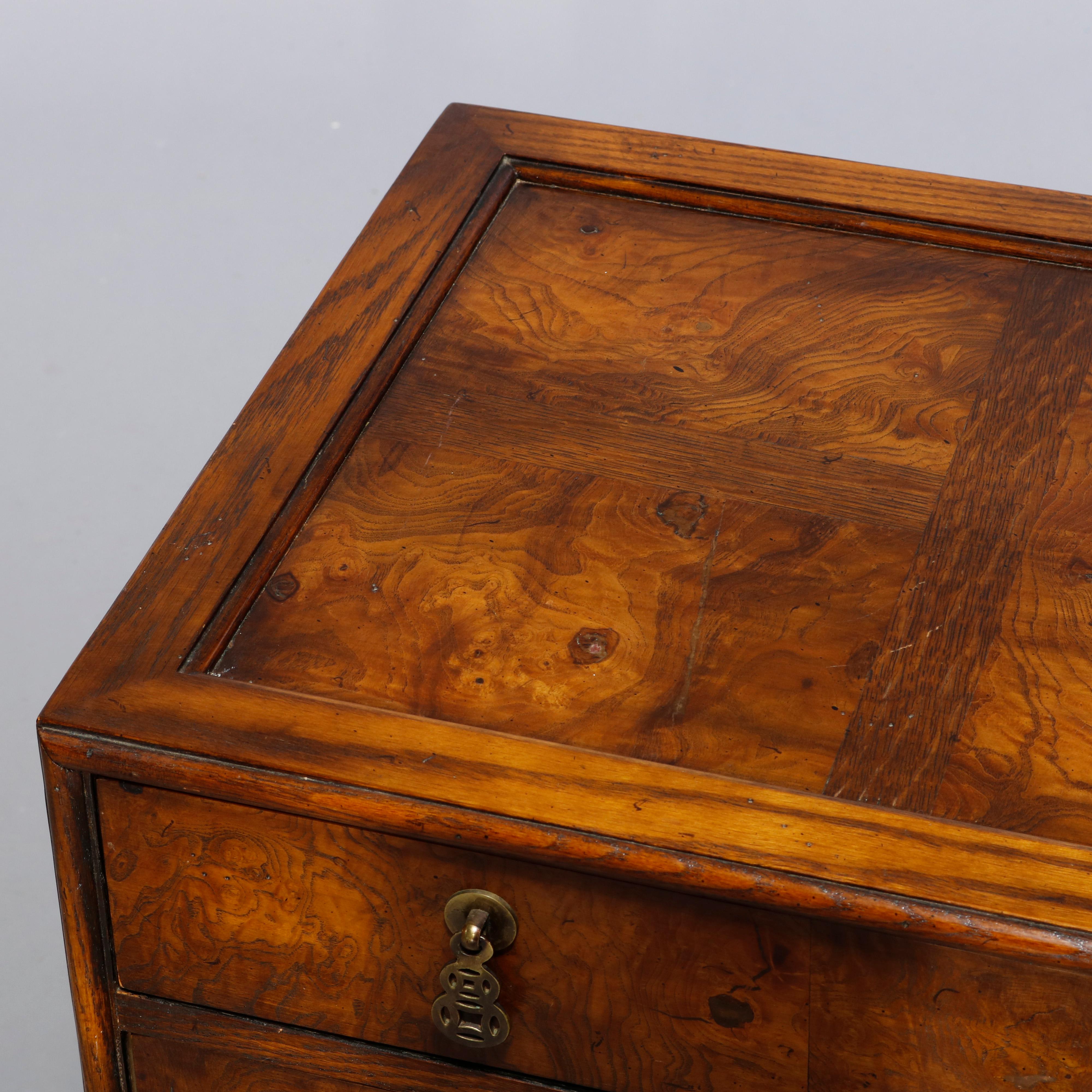 American Antique Chinese Chippendale Burl & Oak Three-Drawer Chest by Heckman, C1930