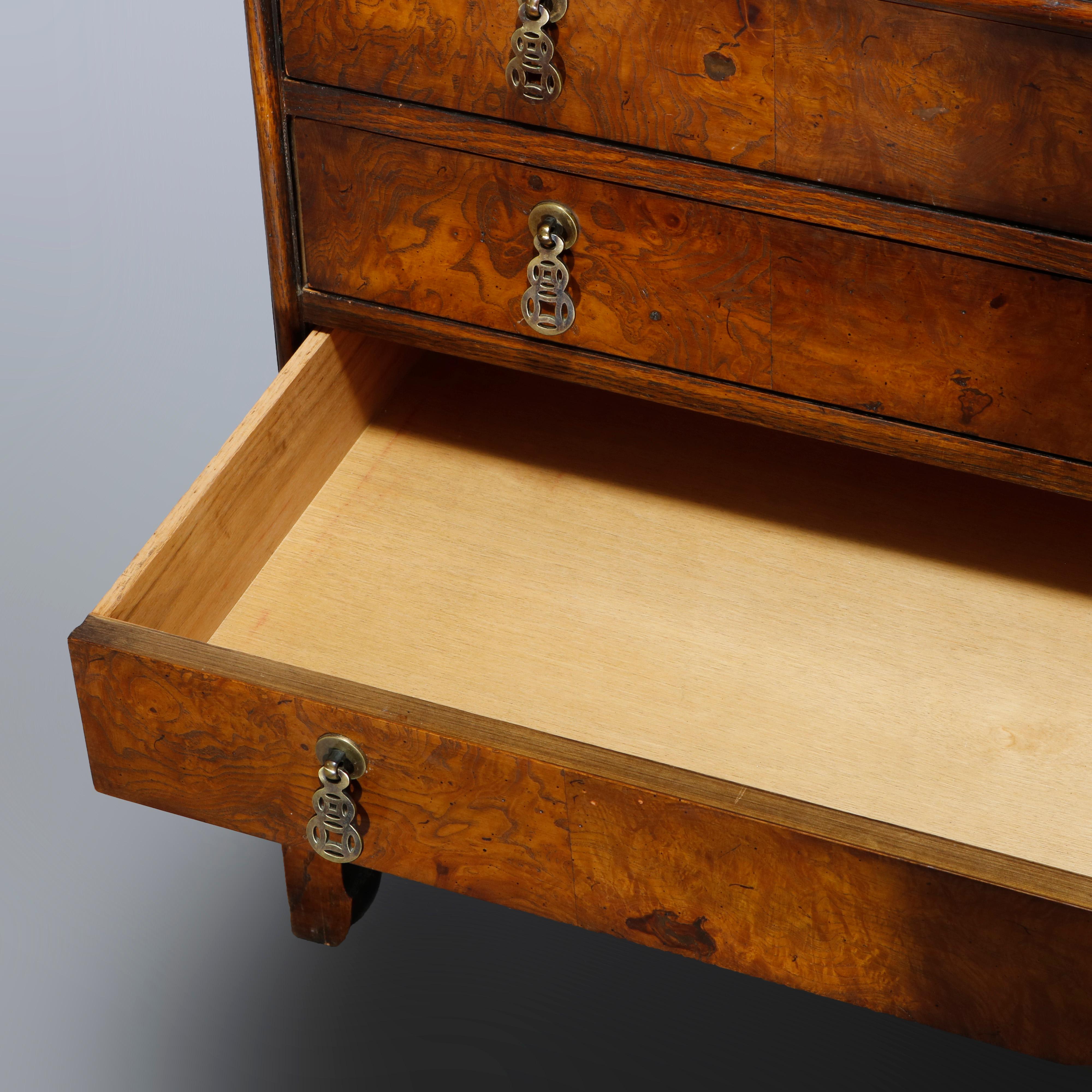 20th Century Antique Chinese Chippendale Burl & Oak Three-Drawer Chest by Heckman, C1930