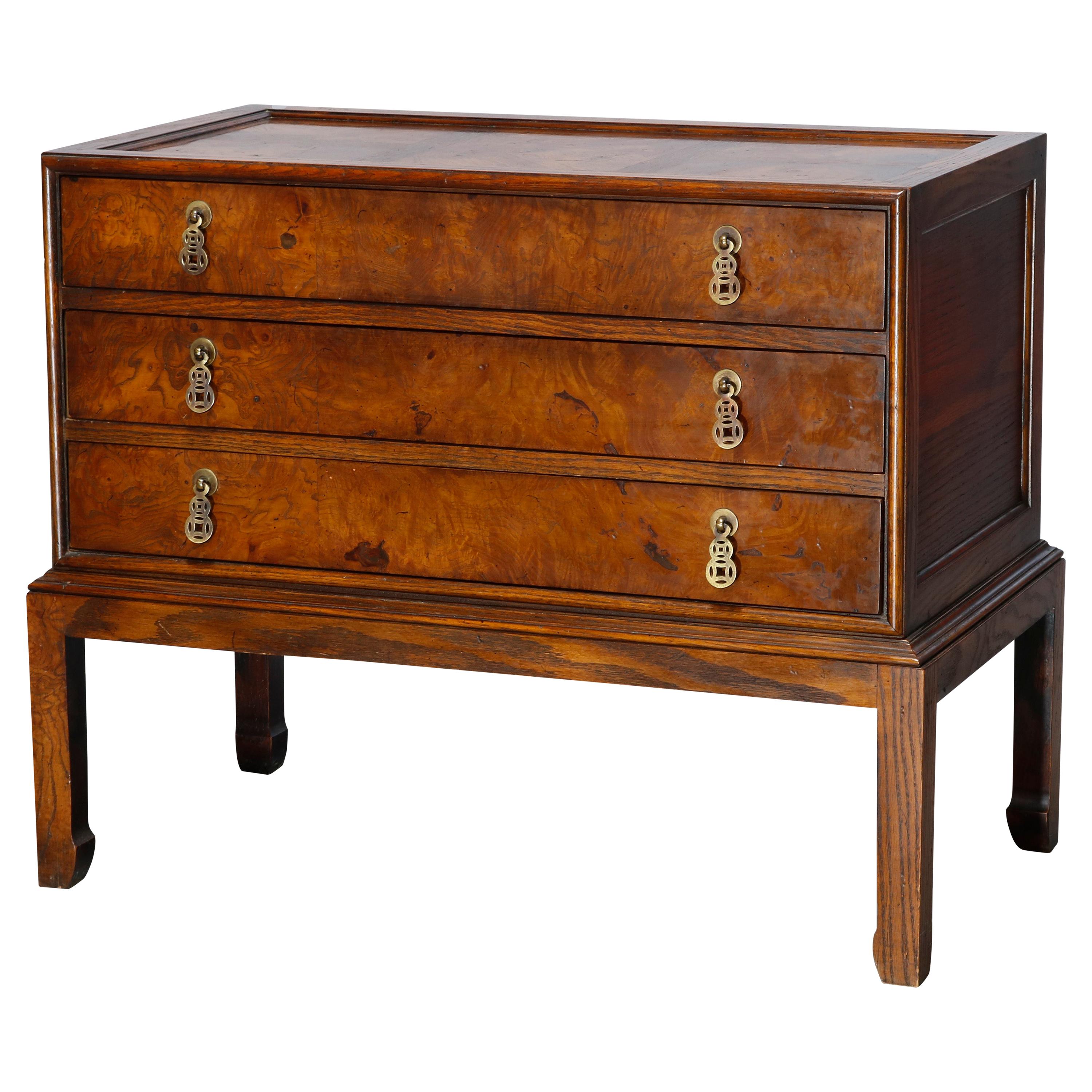 Antique Chinese Chippendale Burl & Oak Three-Drawer Chest by Heckman, C1930