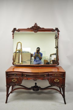 Antique Chinese Chippendale Carved Flame Mahogany Vanity Pagoda Mirror Chair Set