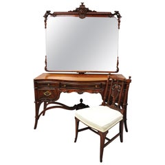 Antique Chinese Chippendale Carved Flame Mahogany Vanity Pagoda Mirror Chair Set