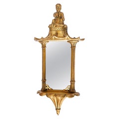 Antique Chinese Chippendale Figural Giltwood Mirrored Wall Sconce Late 19th C