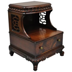 Antique Chinese Chippendale Flame Mahogany Step Down Nightstand Side Table