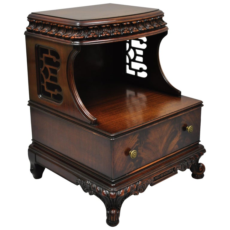 Antique Chinese Chippendale Flame Mahogany Step Down Nightstand Side