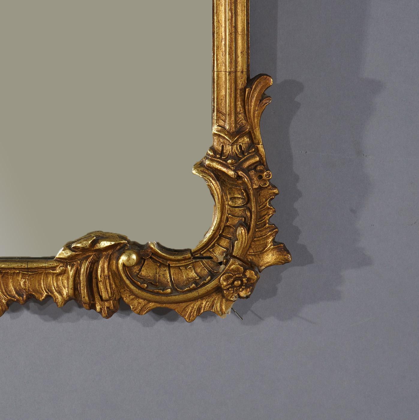 Antique Chinese Chippendale Giltwood Hanging Wall Mirror with Pagoda Crest C1930 In Good Condition For Sale In Big Flats, NY