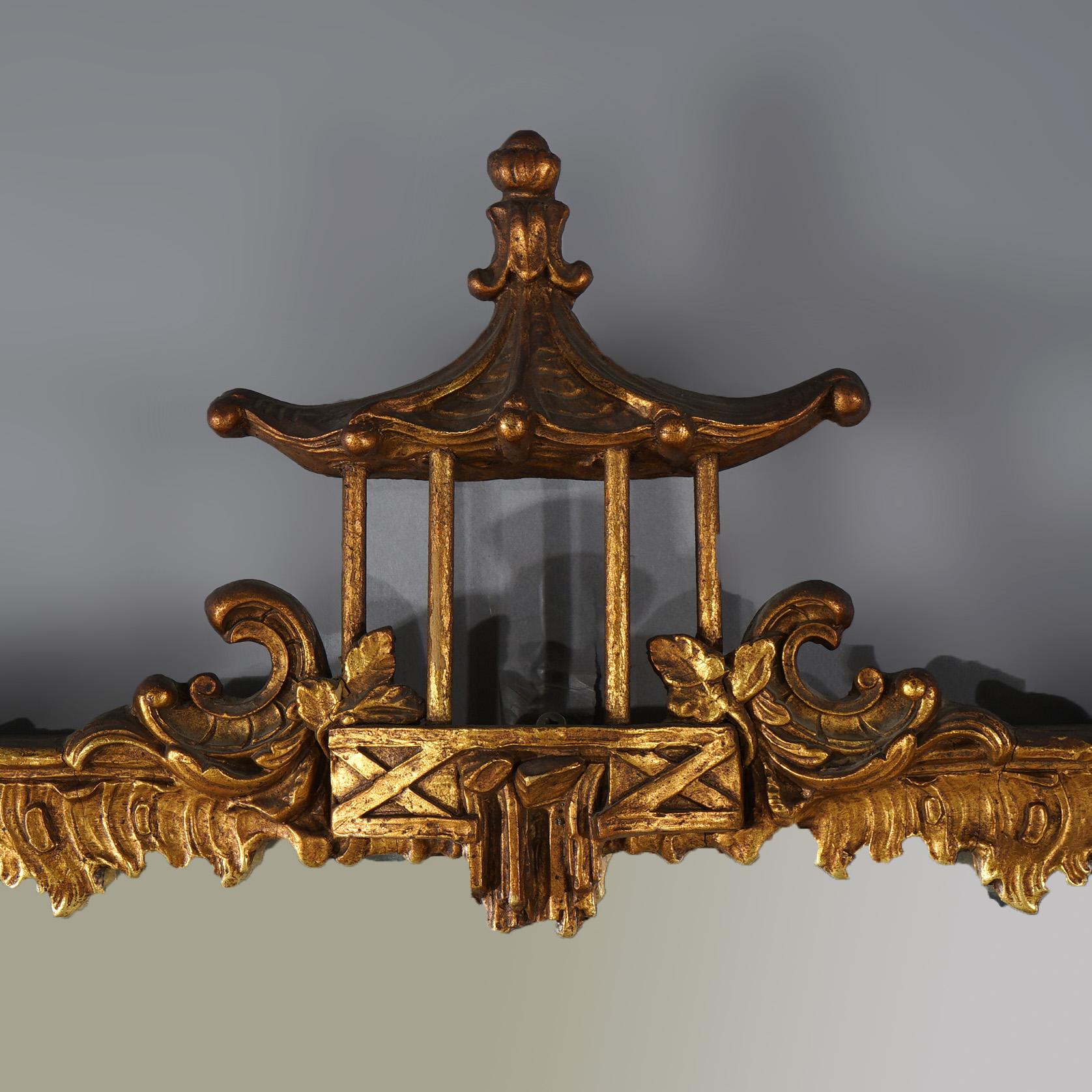 Antique Chinese Chippendale Giltwood Hanging Wall Mirror with Pagoda Crest C1930 For Sale 1