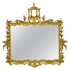 Antique Chinese Chippendale Gold Giltwood Pagoda Ho Ho Bird Sofa Wall Mirror