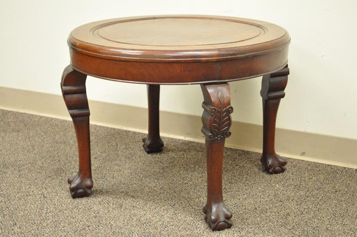 Antique Chinese Chippendale Mahogany Burl Wood Ball and Claw Round Side Table For Sale 3