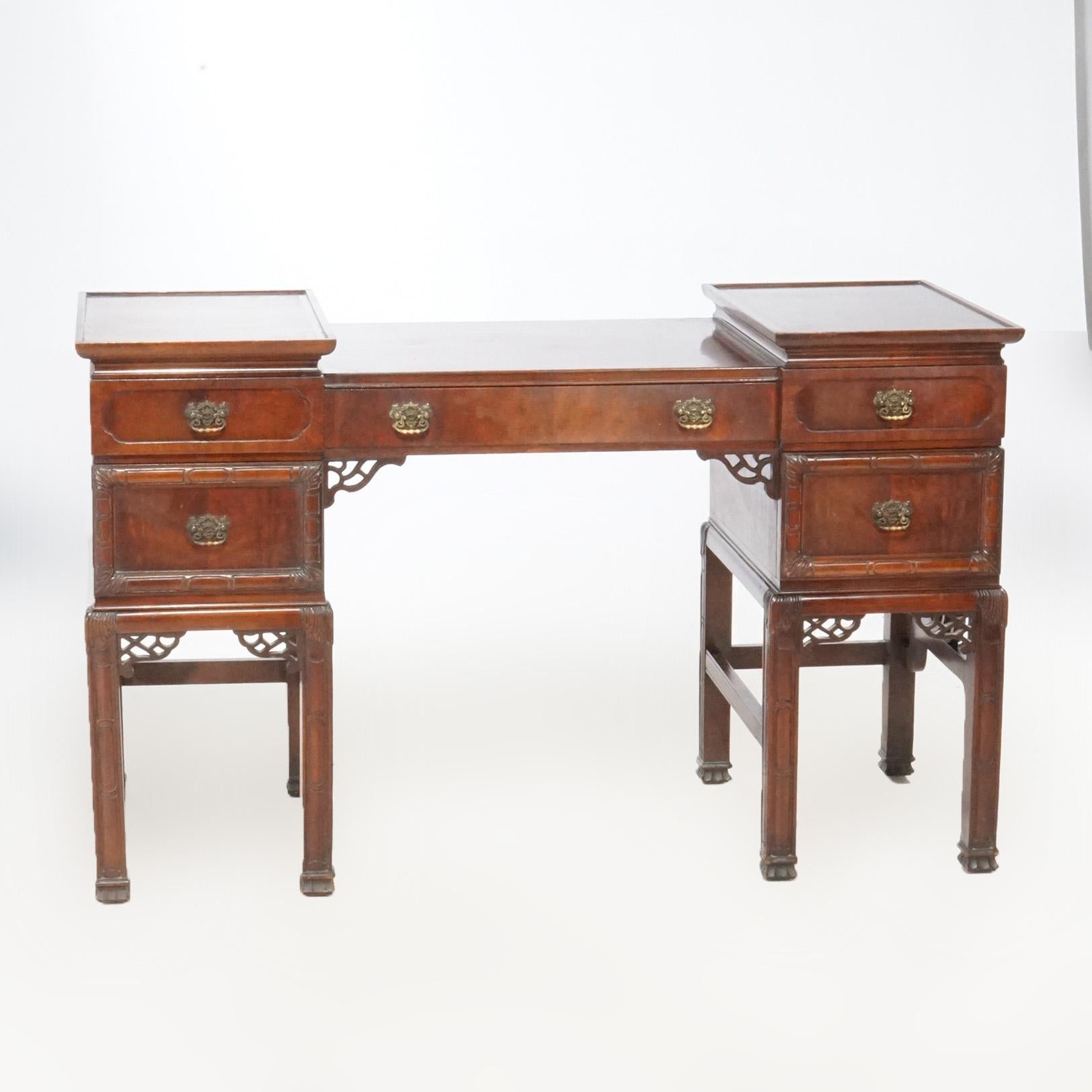 Antique Chinese Chippendale Mahogany Dressing Table With Mirror & Bench c1940 In Good Condition For Sale In Big Flats, NY