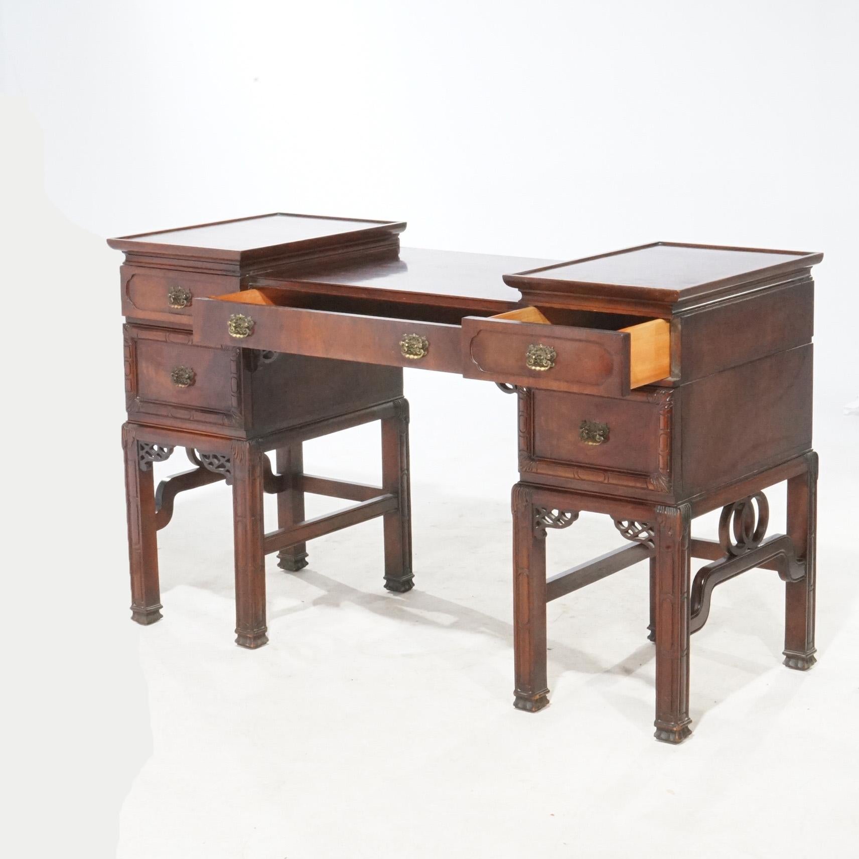 Antique Chinese Chippendale Mahogany Dressing Table With Mirror & Bench c1940 For Sale 3