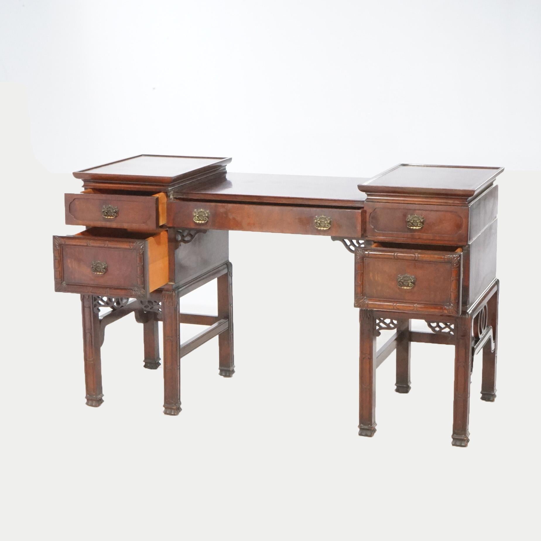 Antique Chinese Chippendale Mahogany Dressing Table With Mirror & Bench c1940 For Sale 4
