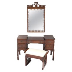 Vintage Chinese Chippendale Mahogany Dressing Table With Mirror & Bench C1940