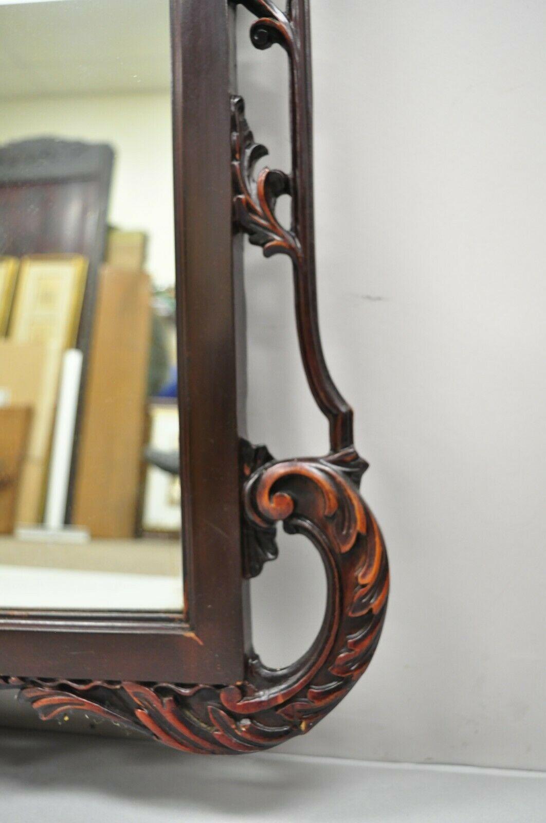 Antique Chinese Chippendale Style Fretwork Carved Mahogany Wall Mirror For Sale 6