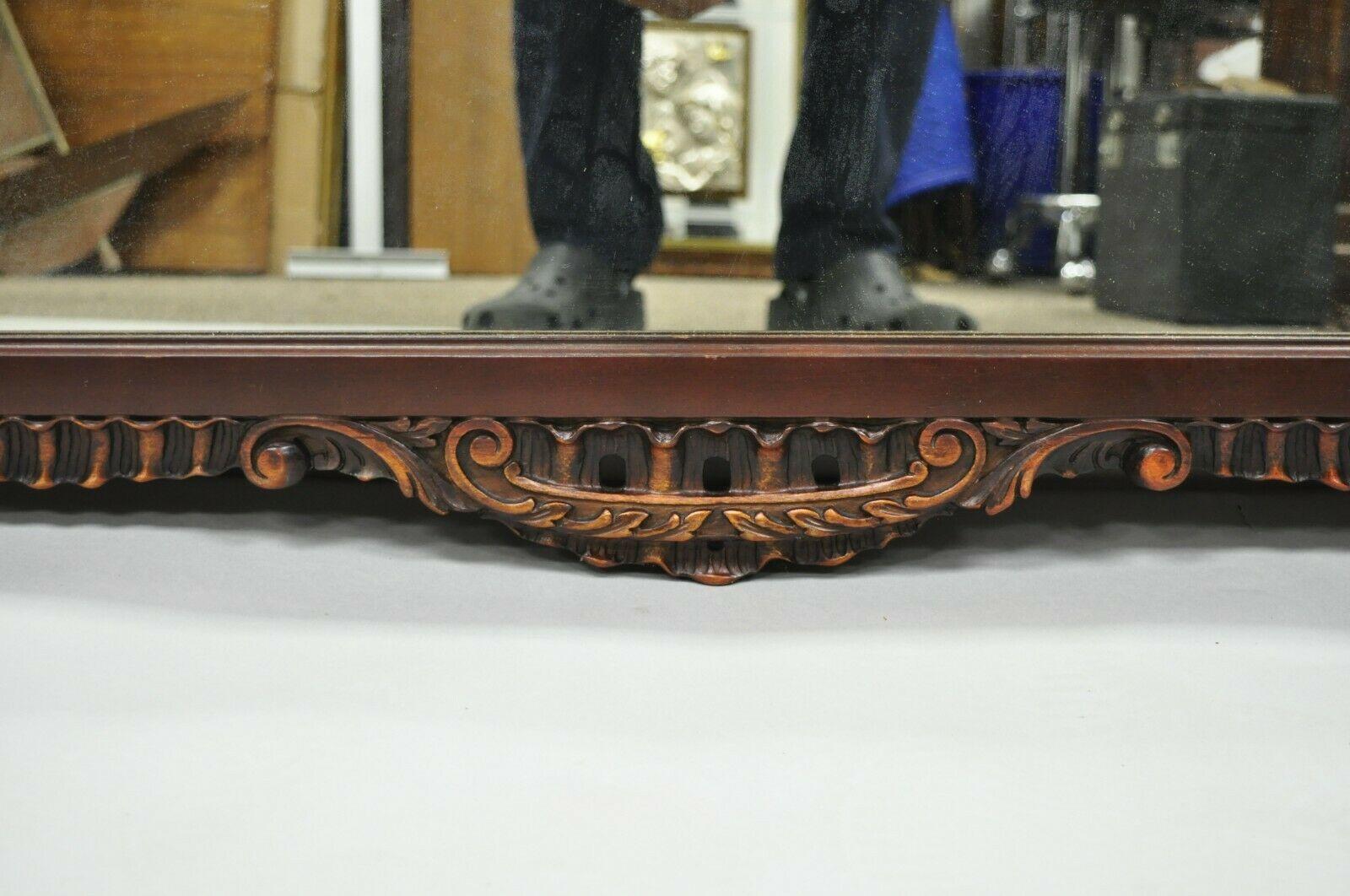 20th Century Antique Chinese Chippendale Style Fretwork Carved Mahogany Wall Mirror For Sale