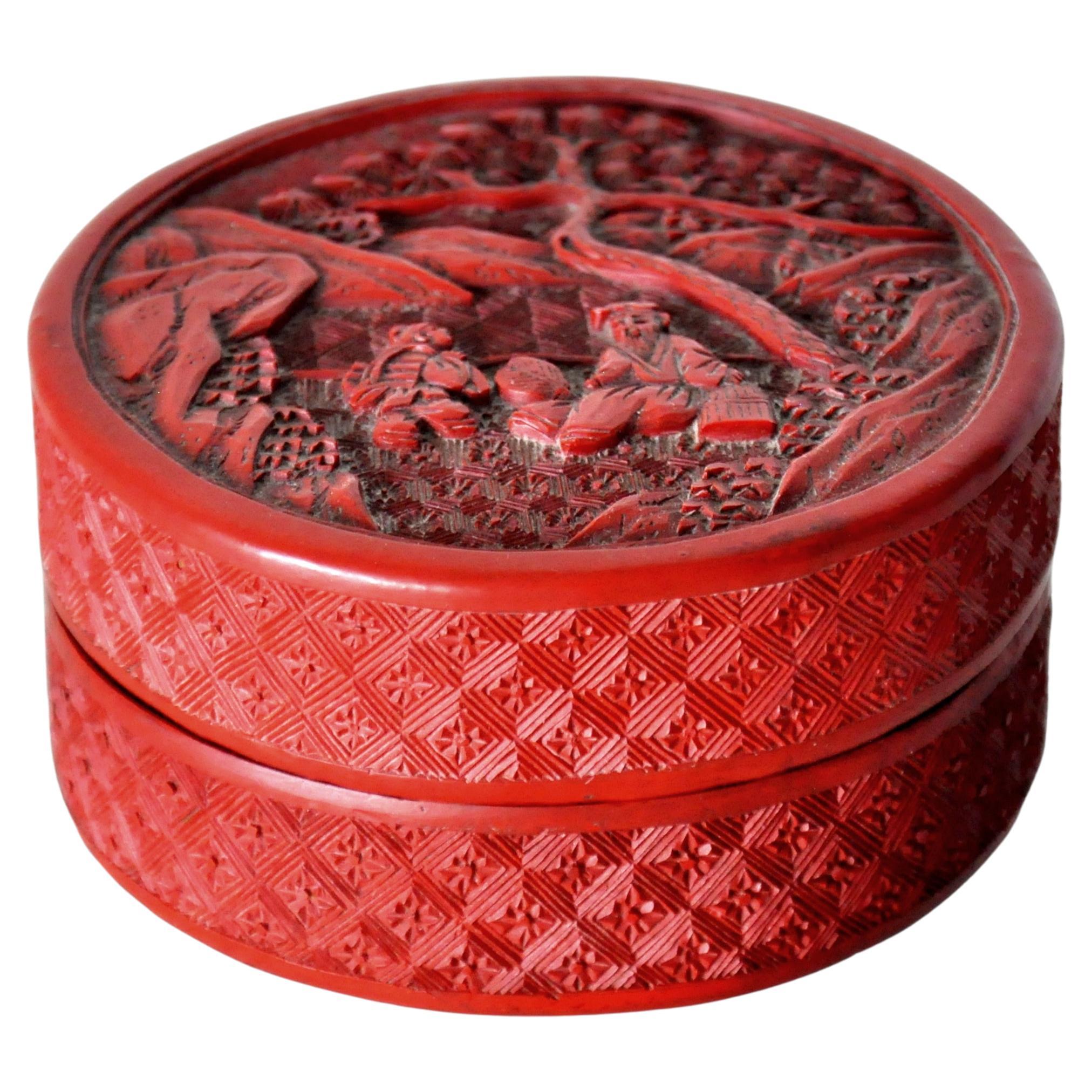 Hand-Carved Antique Chinese Cinnabar Box For Sale