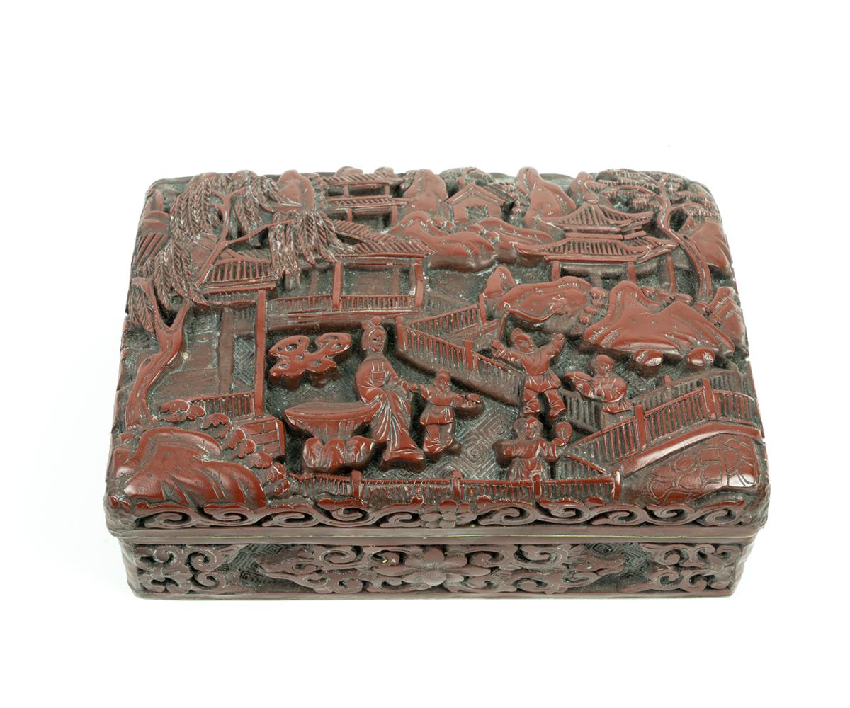 Offered is this fine antique Chinese hand carved cinnabar box with a lid. This red lacquer box features and active scene with a maiden playing with children in a complex village setting.