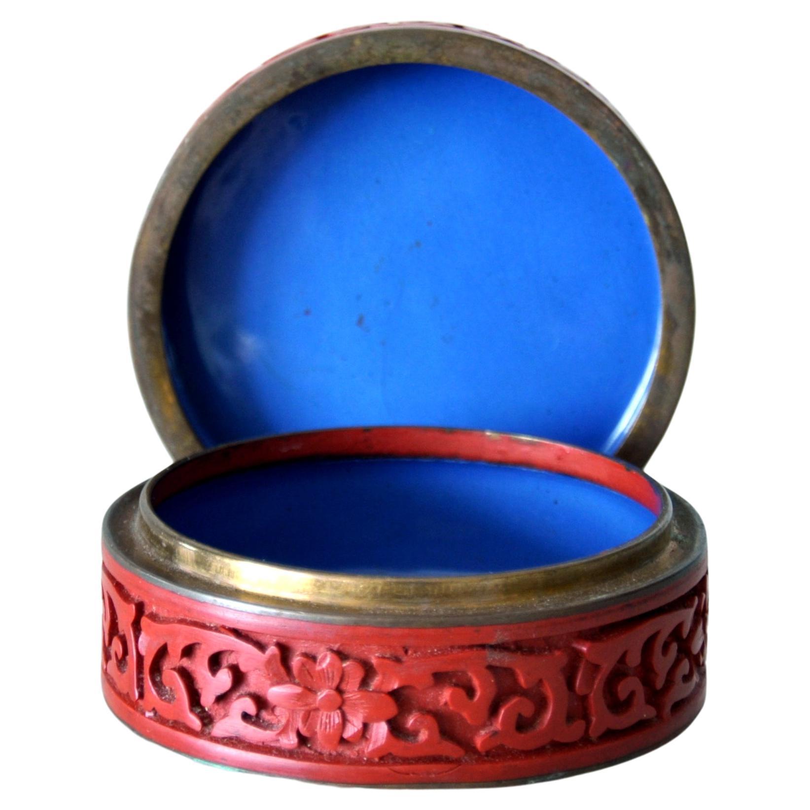 Hand-Carved Antique Chinese Cinnabar, Brass and Enamel Box For Sale