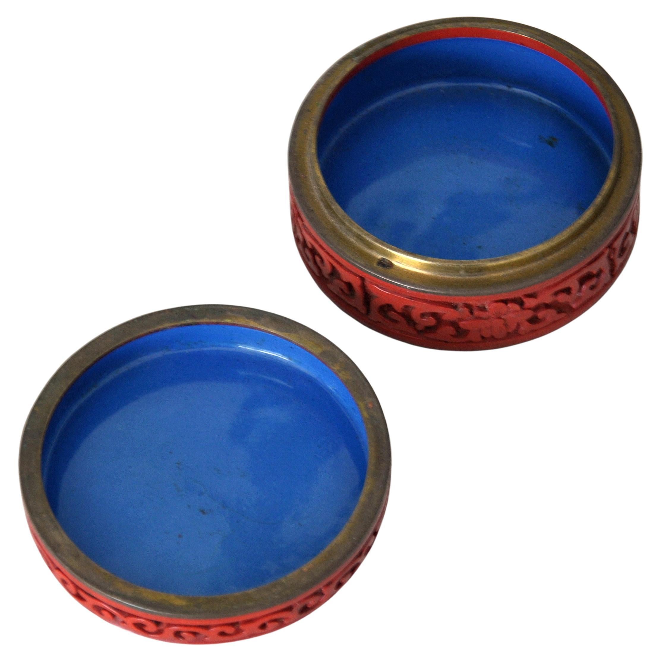 19th Century Antique Chinese Cinnabar, Brass and Enamel Box For Sale