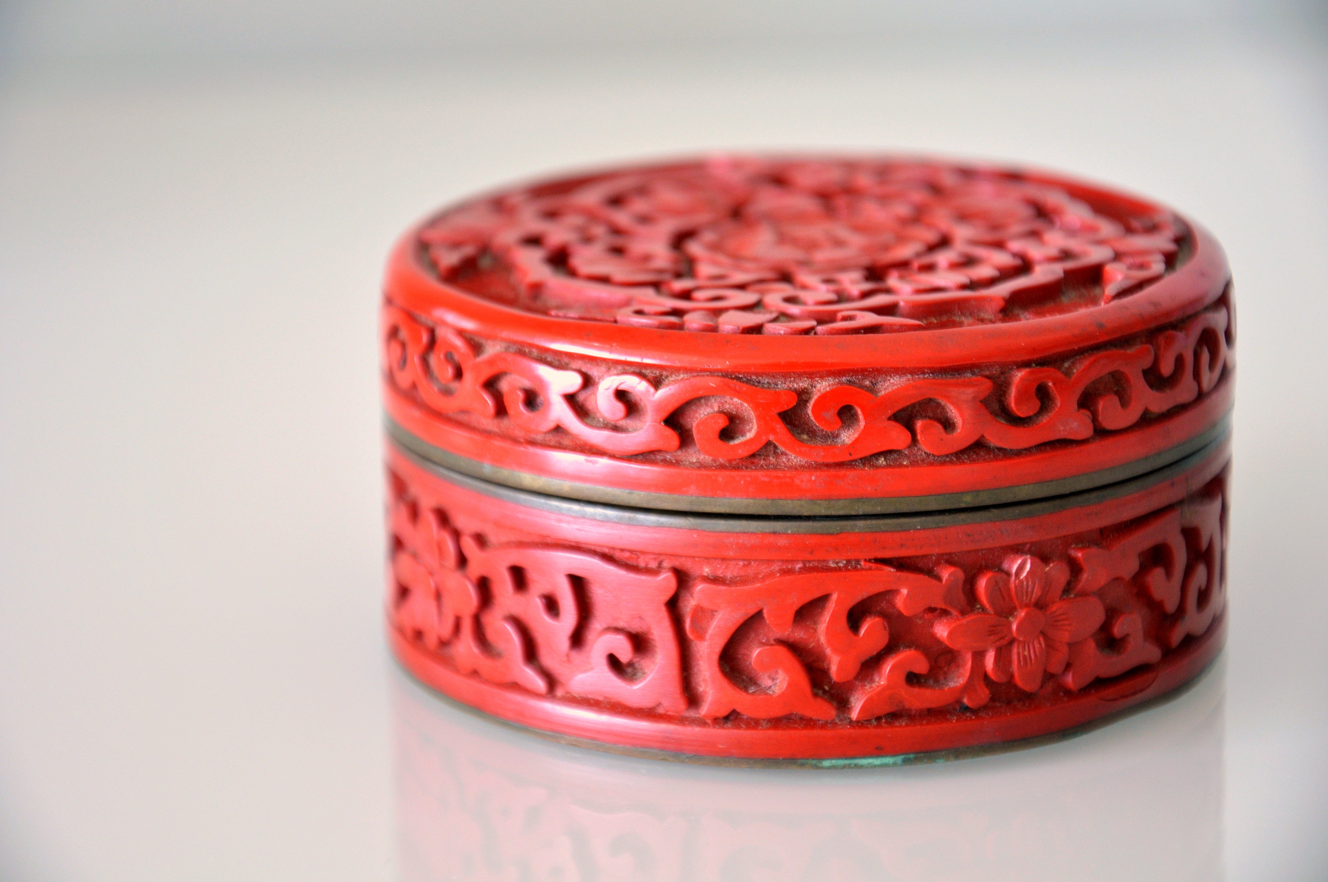 Lacquer Antique Chinese Cinnabar, Brass and Enamel Box For Sale